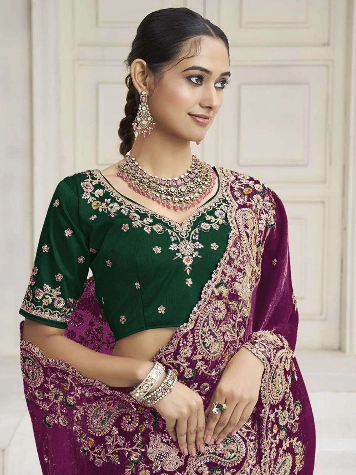 Odette Purple Satin Embroidered Saree For Women - Image 2