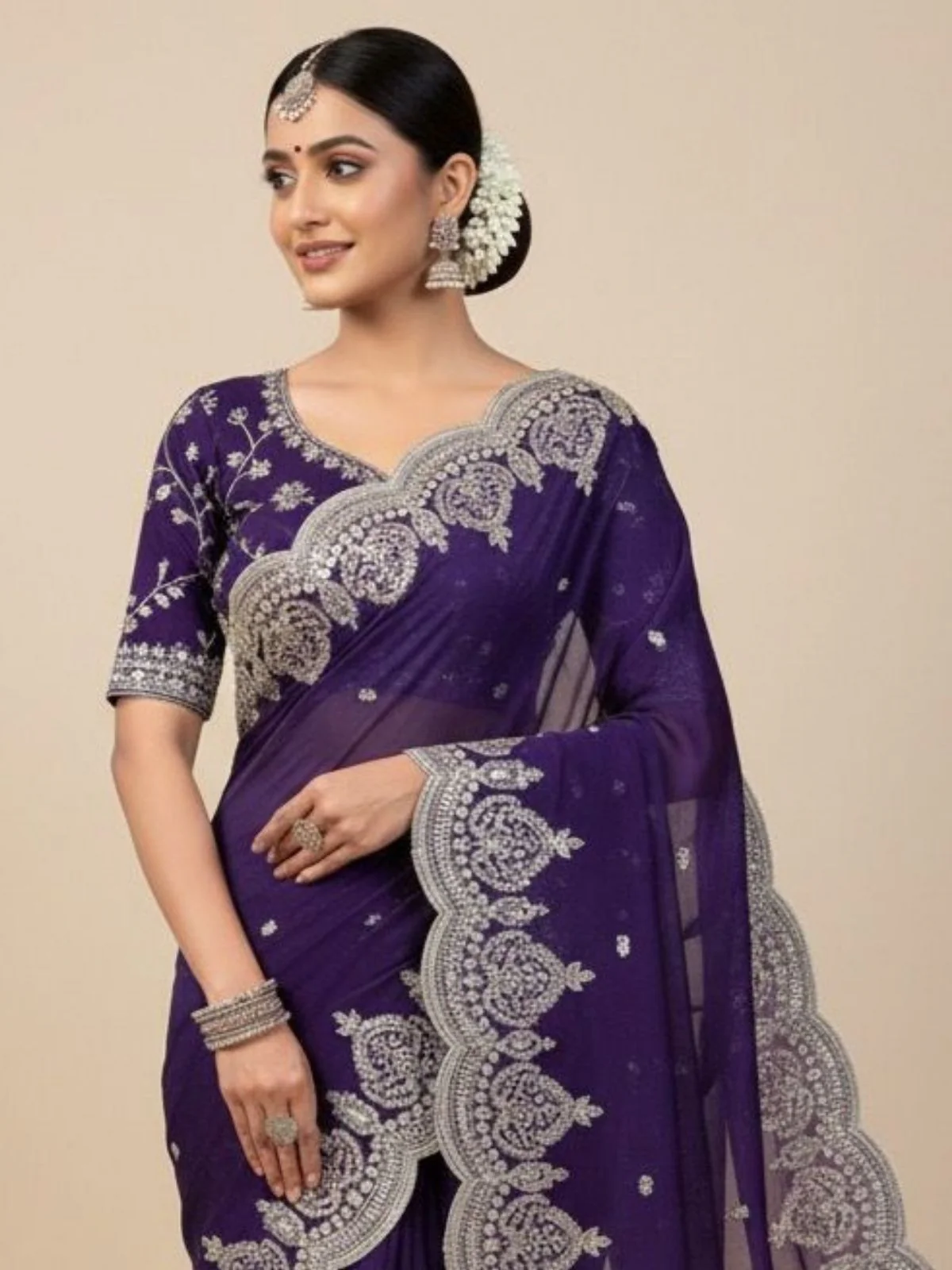 Odette Purple Satin Embroidered Solid Saree For Women - Image 3
