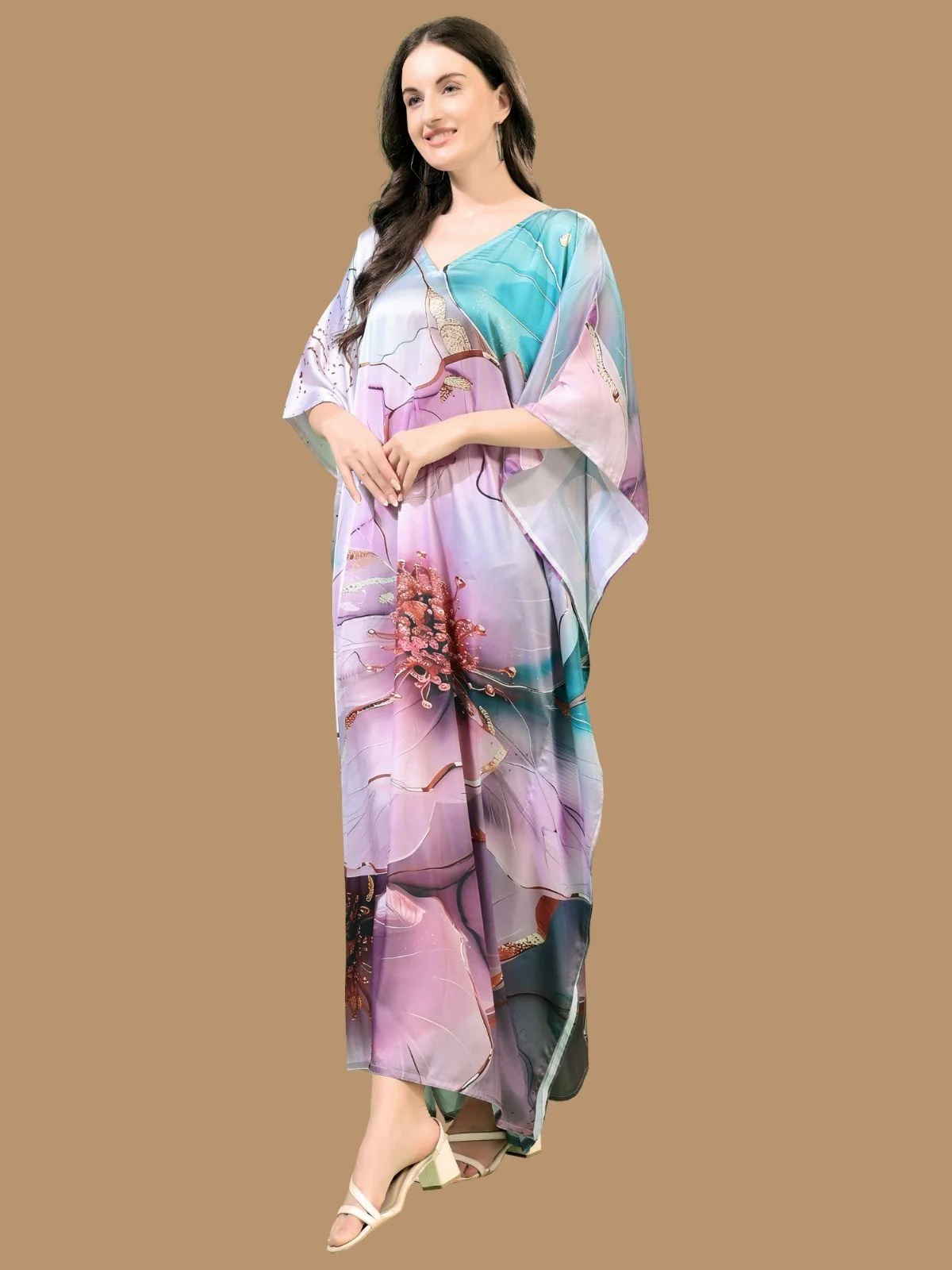 Odette Purple Satin Printed Kaftan For Women - Image 2