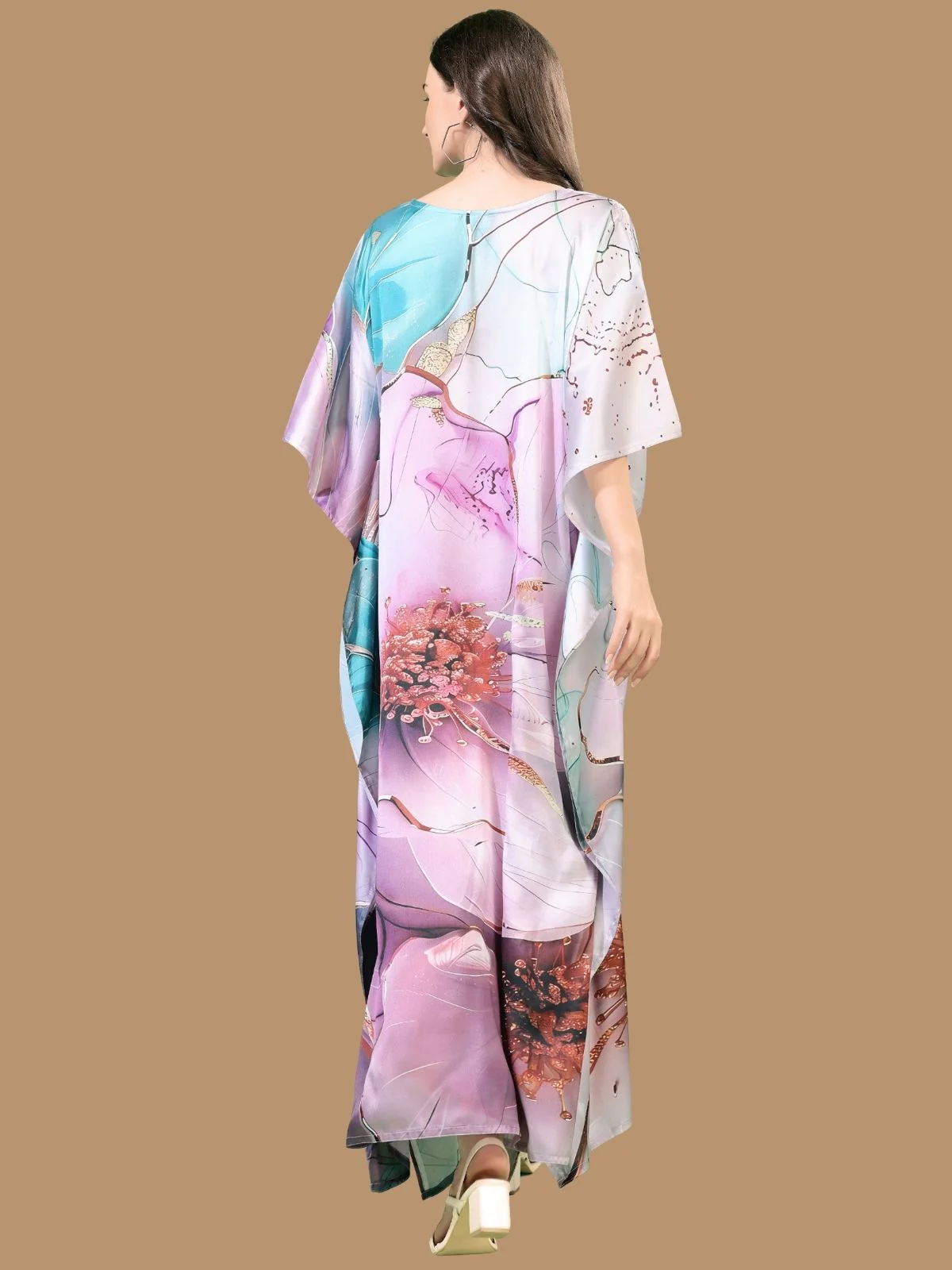 Odette Purple Satin Printed Kaftan For Women - Image 3