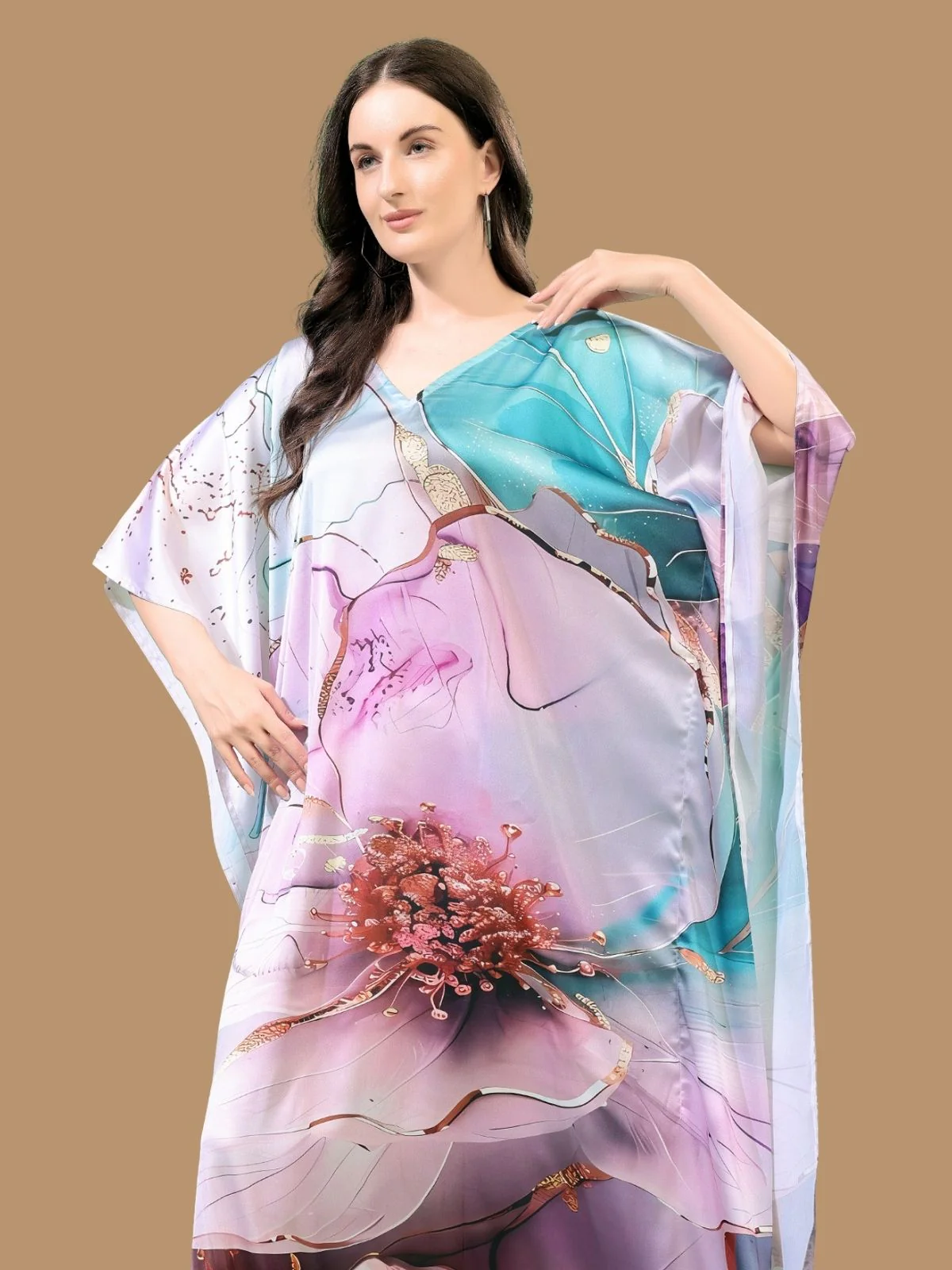 Odette Purple Satin Printed Kaftan For Women - Image 4