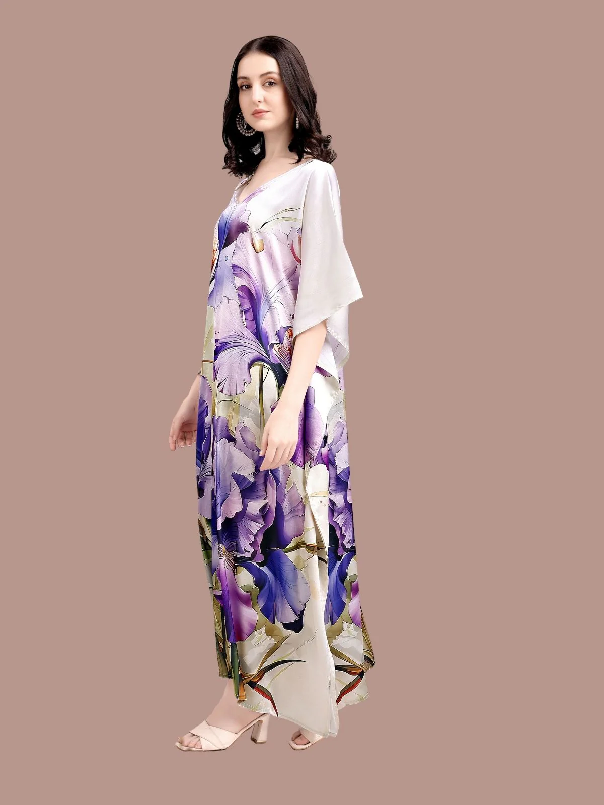 Odette Purple Satin Printed Kaftan For Women - Image 2