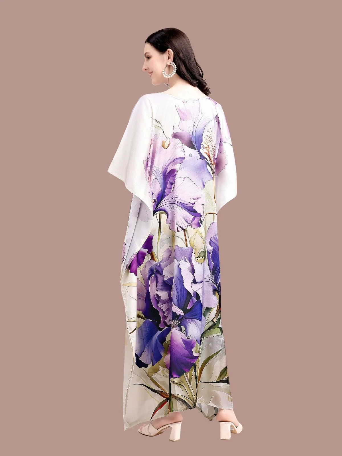 Odette Purple Satin Printed Kaftan For Women - Image 3