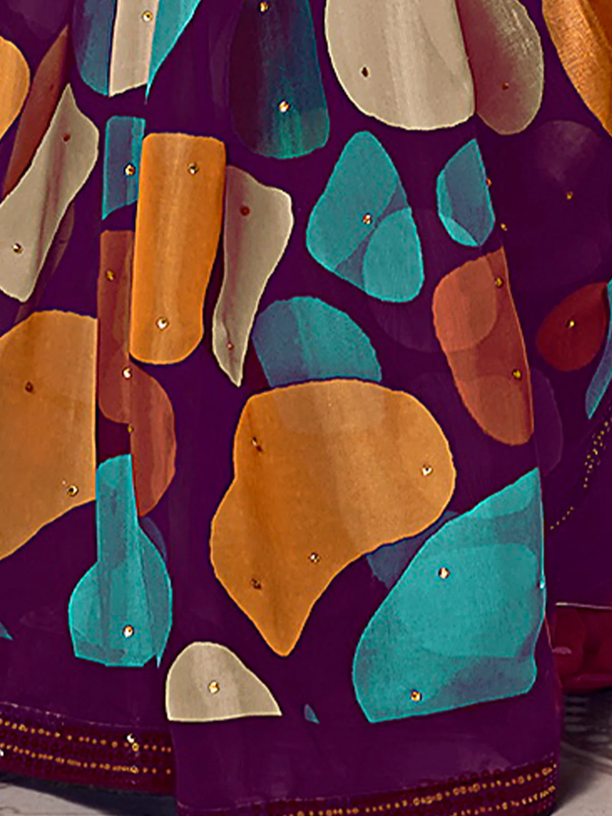 Odette Purple Satin Printed Saree with Unstitched Blouse For Women - Image 4