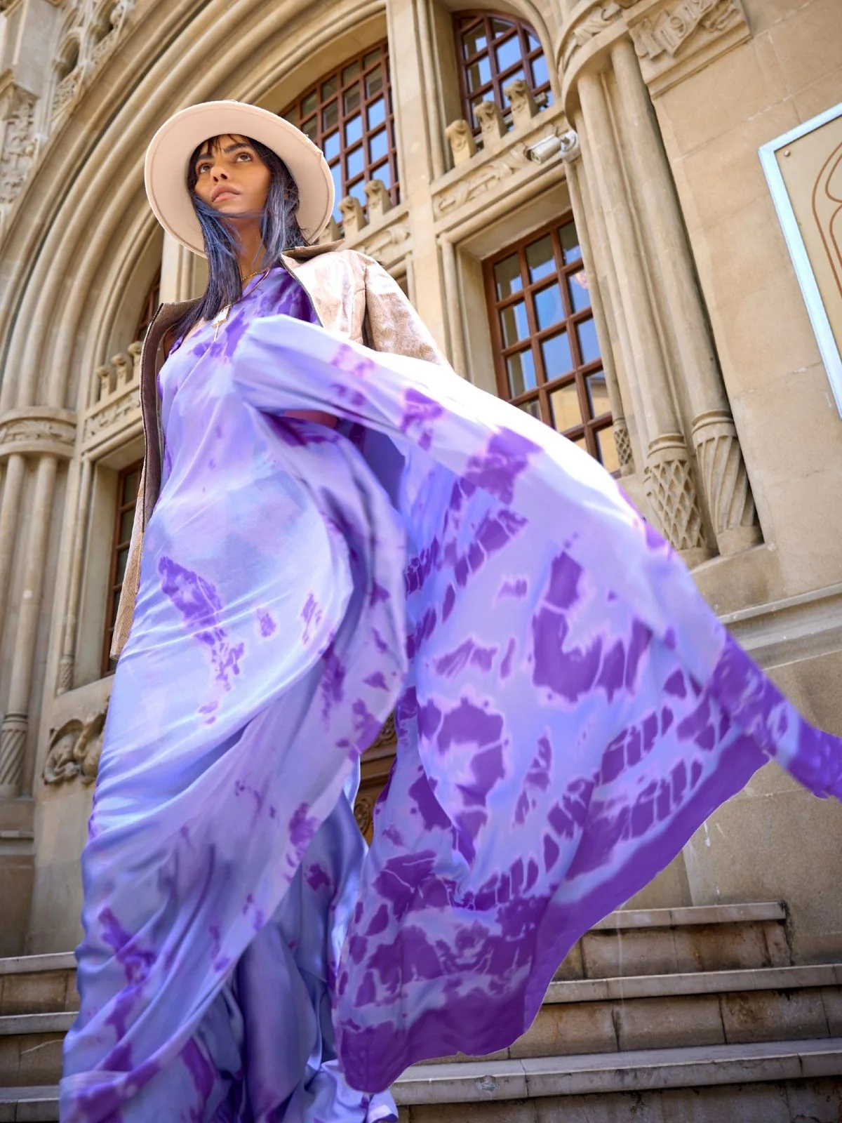 Odette Purple Satin Printed Saree With Unstitched Blouse For Women - Image 2