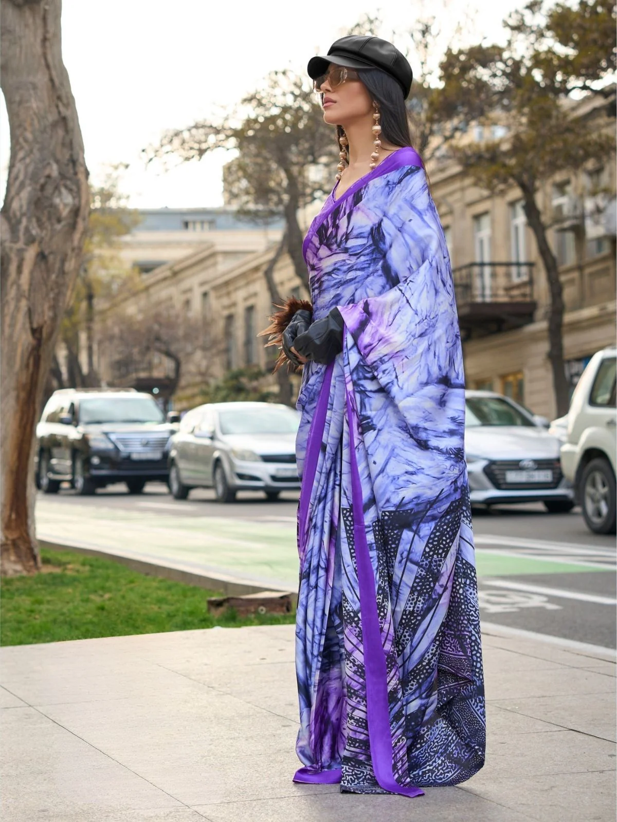 Odette Purple Satin Printed Saree With Unstitched Blouse For Women - Image 2