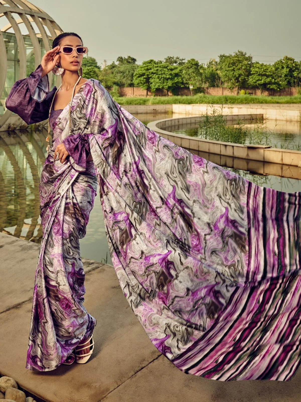 Odette Purple Satin Printed Saree With Unstitched Blouse For Women