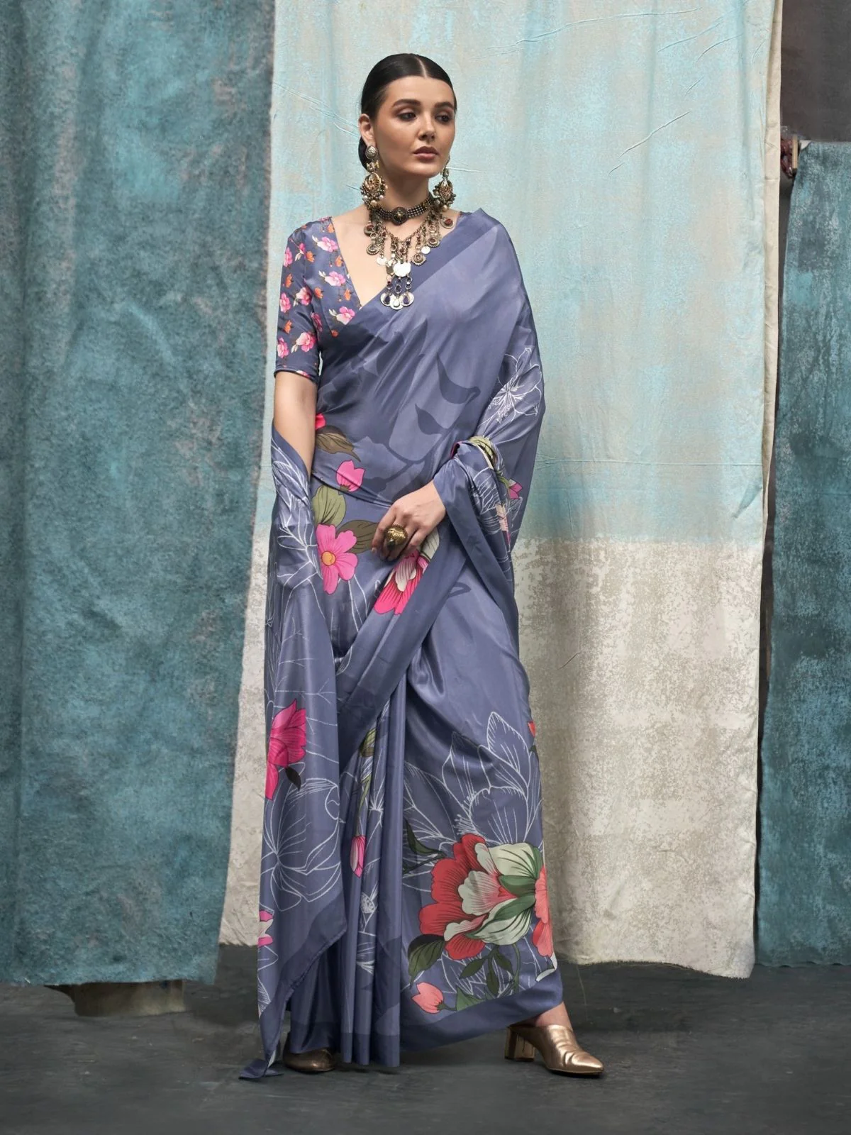 Odette Purple Satin Printed Saree With Unstitched Blouse For Women - Image 2