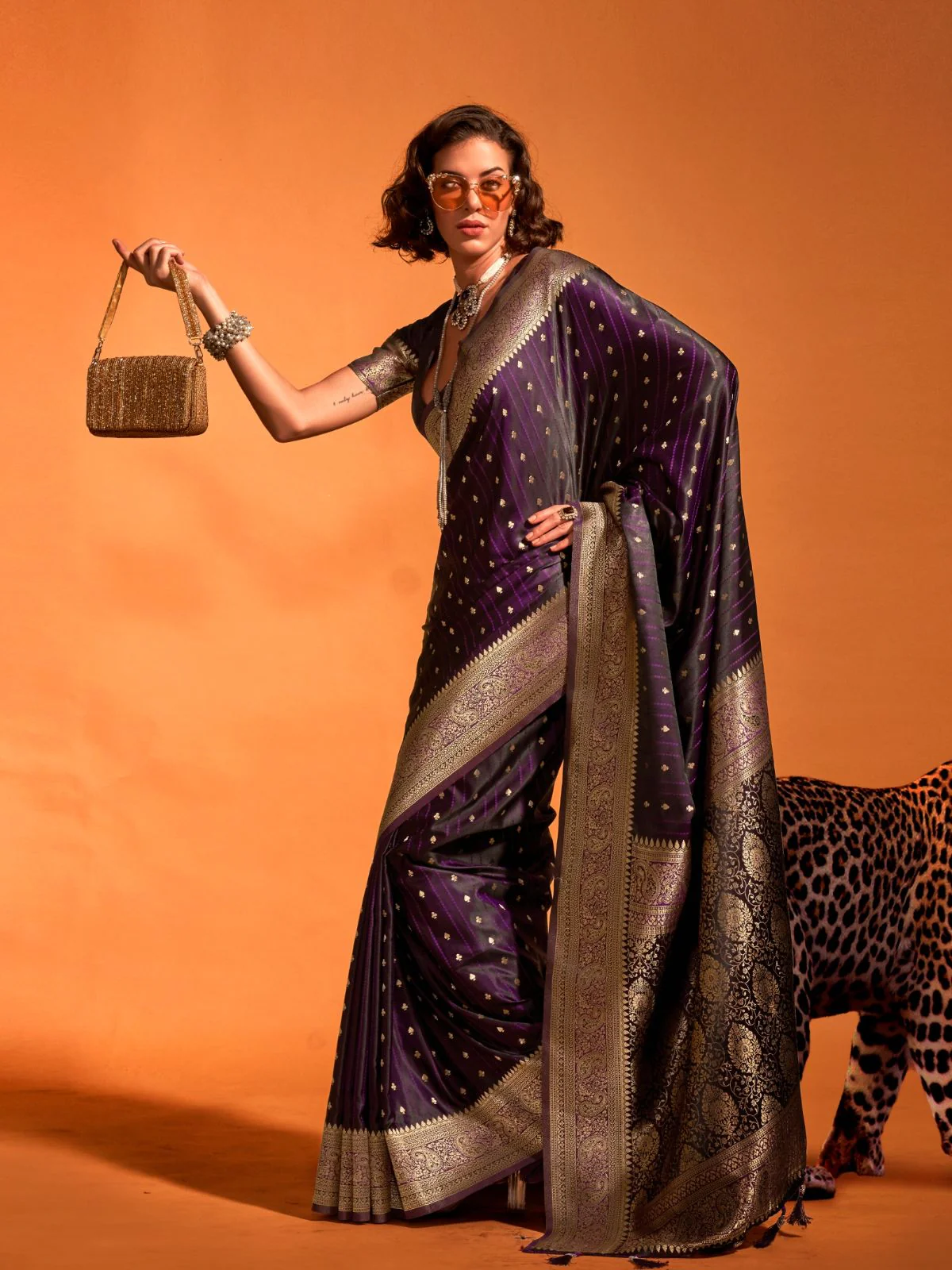 Odette Purple Satin Woven Saree With Unstitched Blouse For Women