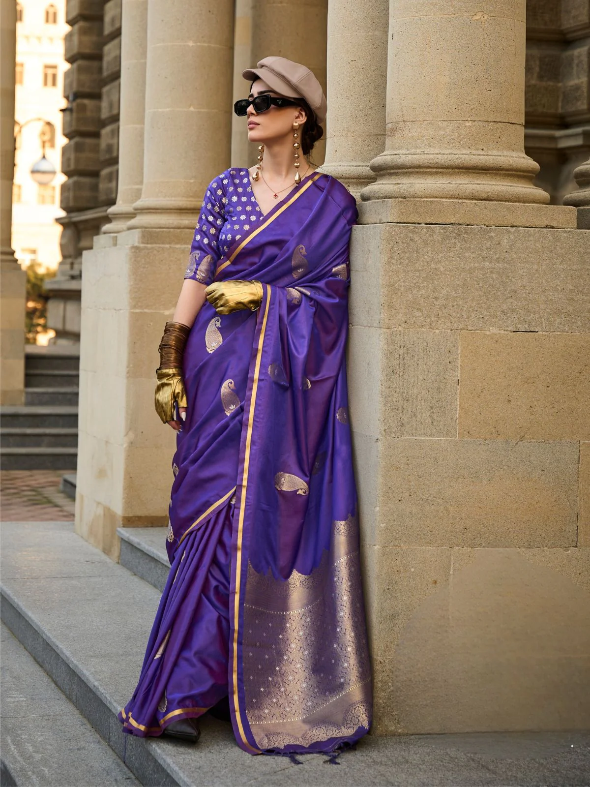 Odette Purple Satin Woven Saree With Unstitched Blouse For Women