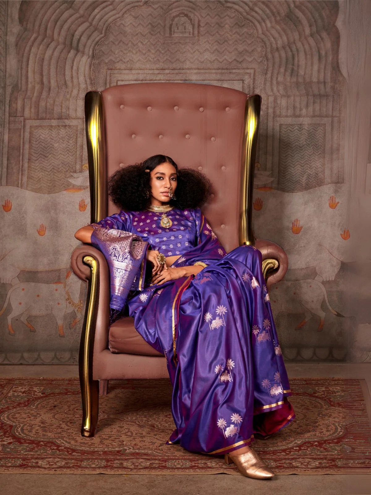 Odette Purple Satin Woven Saree With Unstitched Blouse For Women - Image 2