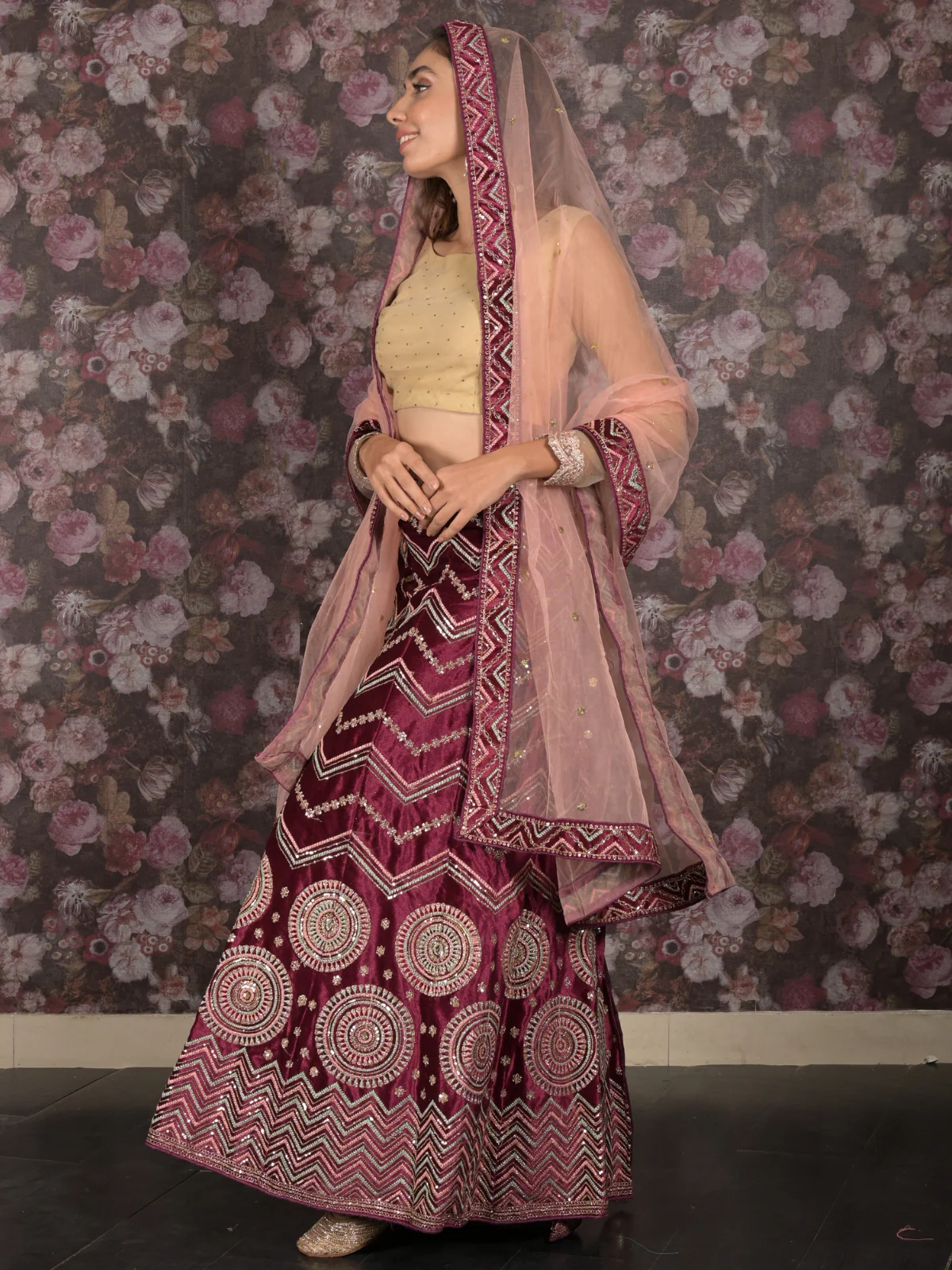Odette Purple Semi stitched Sequins Embroidered Velvet Lehenga with Unstitched Blouse And Dupatta For Women - Image 3