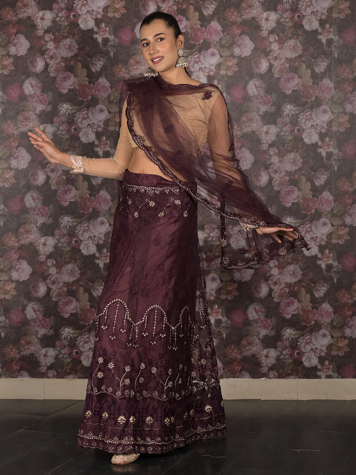 Odette Purple Semi Stitched Thread Embroidered Net Lehenga with Unstitched Blouse And Dupatta For Women - Image 2