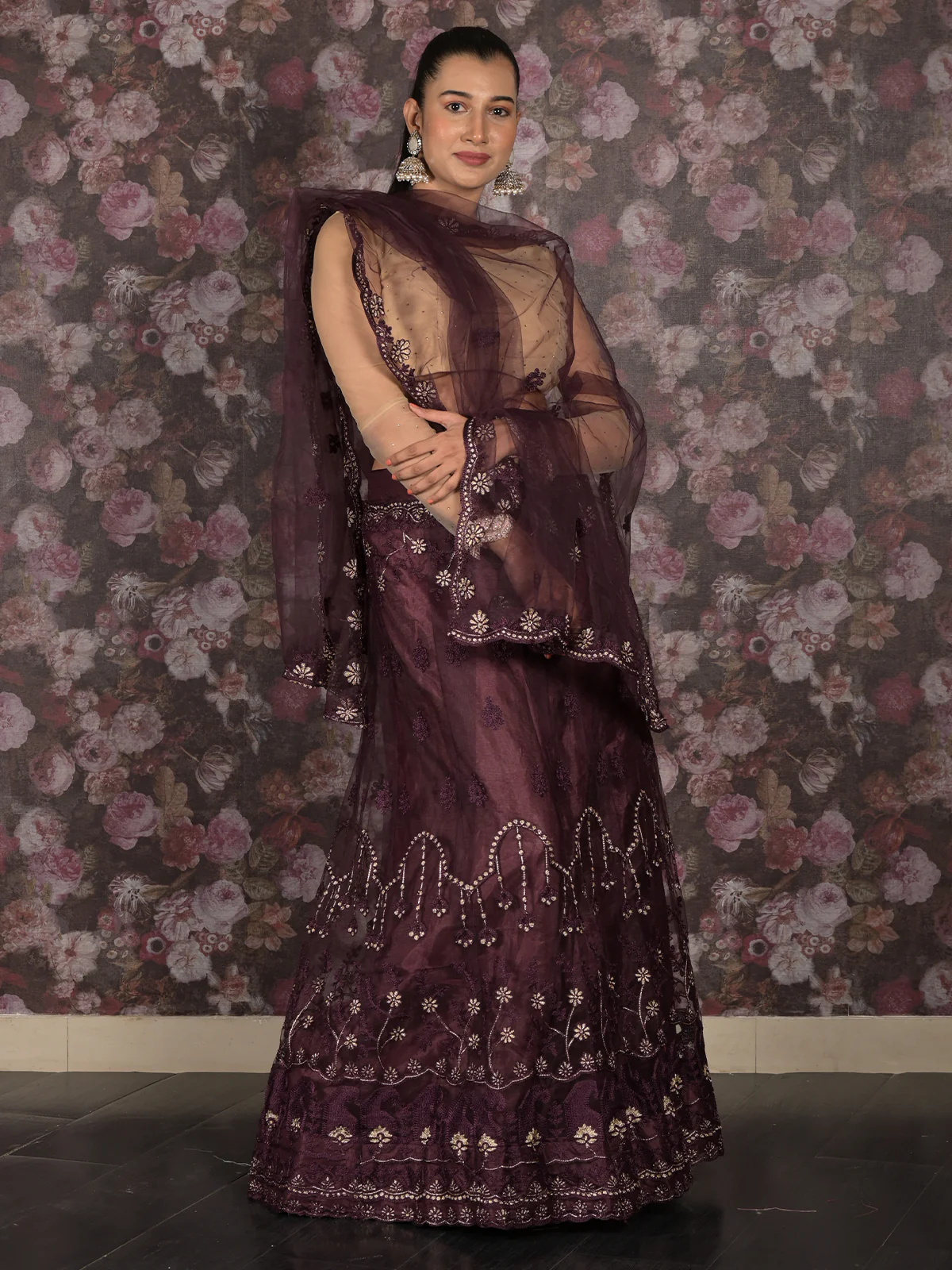 Odette Purple Semi Stitched Thread Embroidered Net Lehenga with Unstitched Blouse And Dupatta For Women - Image 3