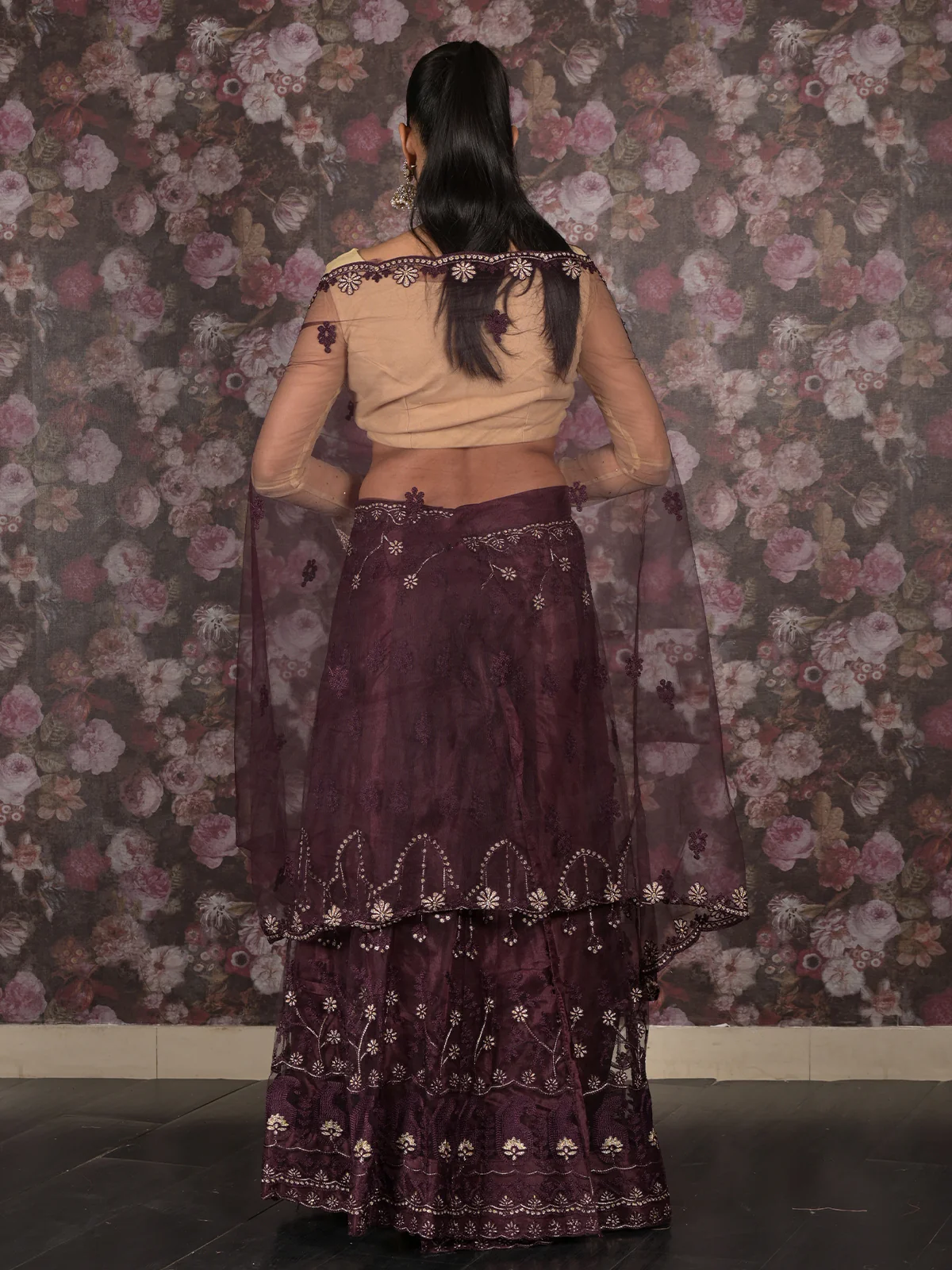 Odette Purple Semi Stitched Thread Embroidered Net Lehenga with Unstitched Blouse And Dupatta For Women - Image 4