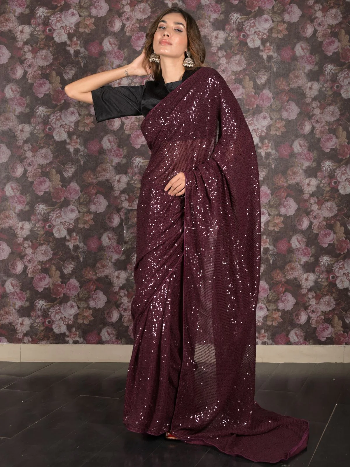 Odette Purple Sequin Embroidered Net Saree With Unstitched Blouse For Women - Image 3