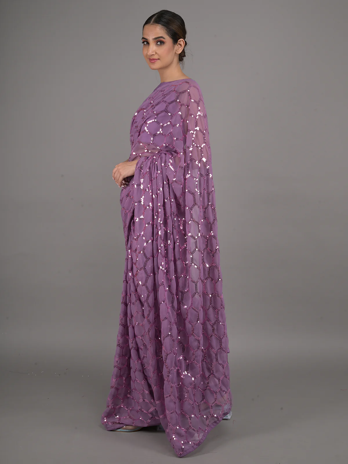 Odette Purple Sequins Embellished Georgette Saree with Unstitched Blouse for Women - Image 2