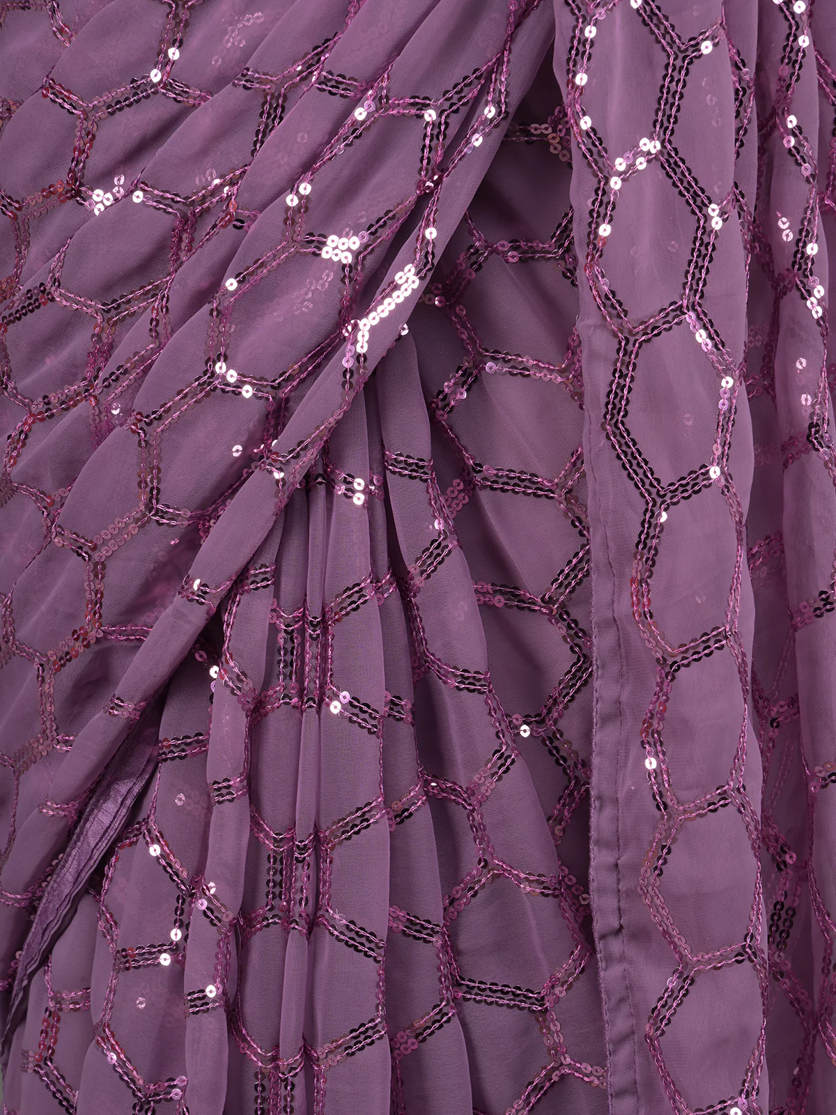 Odette Purple Sequins Embellished Georgette Saree with Unstitched Blouse for Women - Image 5