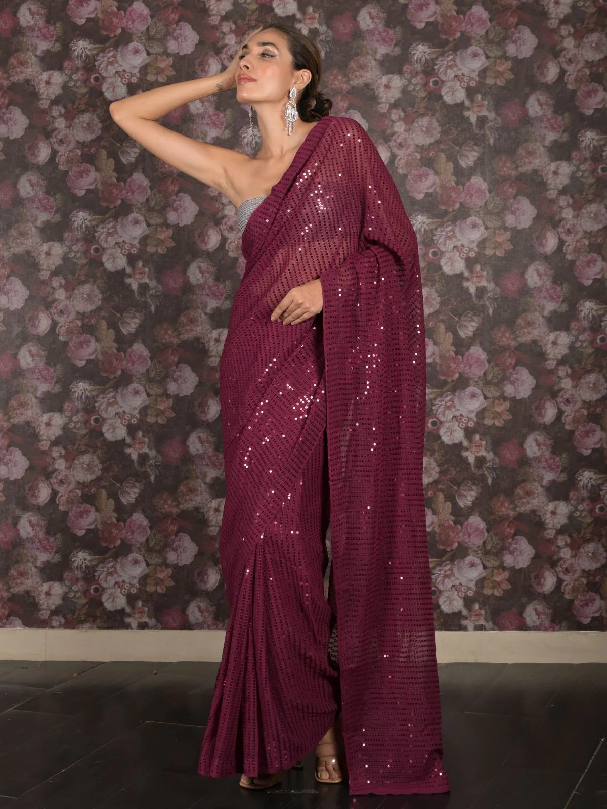 Odette Purple Sequins Embroidered Georgette Saree with Unstitched Blouse for Women - Image 2