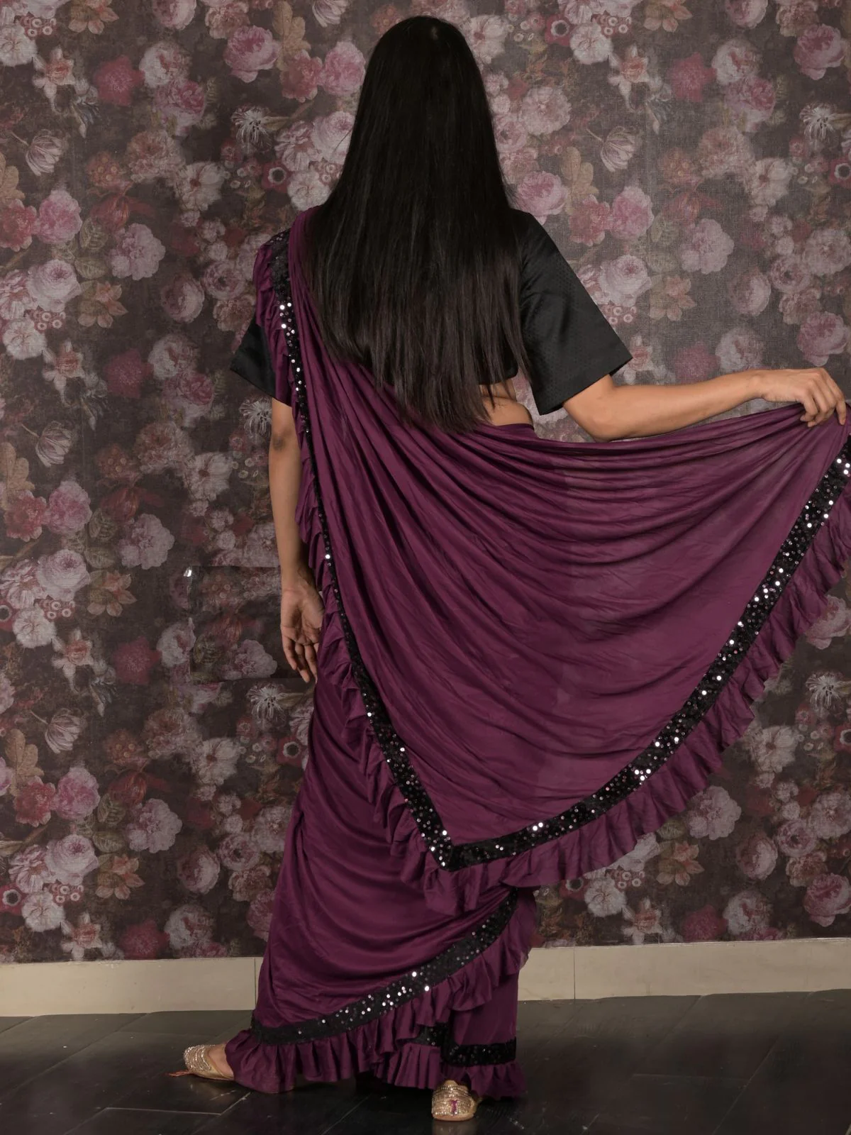 Odette Purple Sequins Embroidered Polyester Ruffles Saree with Unstitched Blouse for Women - Image 4