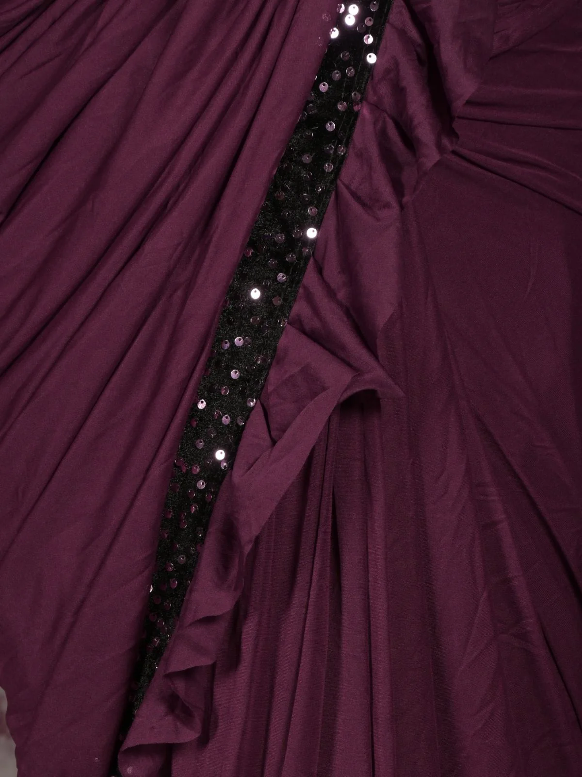 Odette Purple Sequins Embroidered Polyester Ruffles Saree with Unstitched Blouse for Women - Image 5