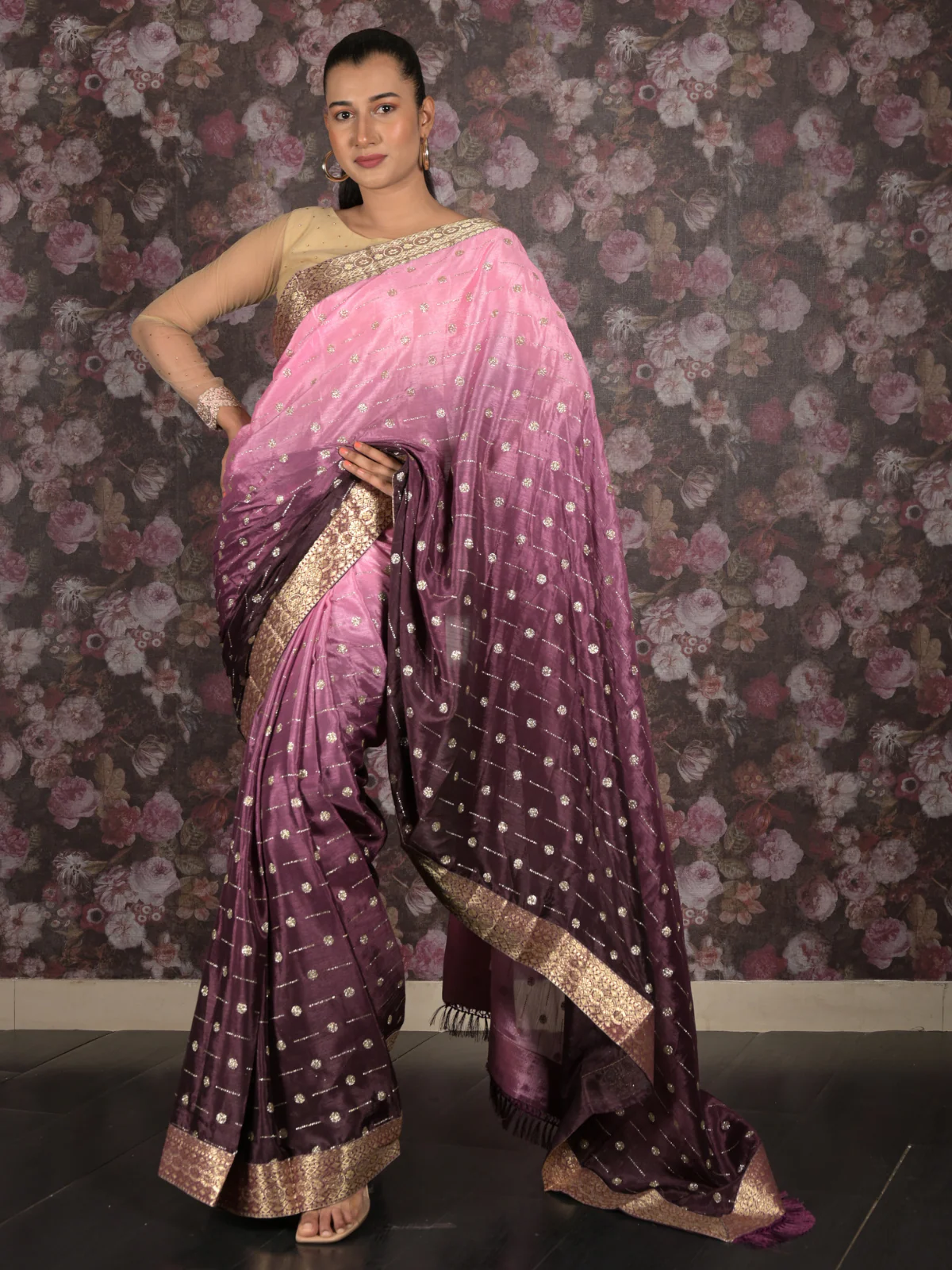 Odette Purple Shimmer Embellished Shaded Crepe Saree with Unstitched Blouse for Women - Image 2