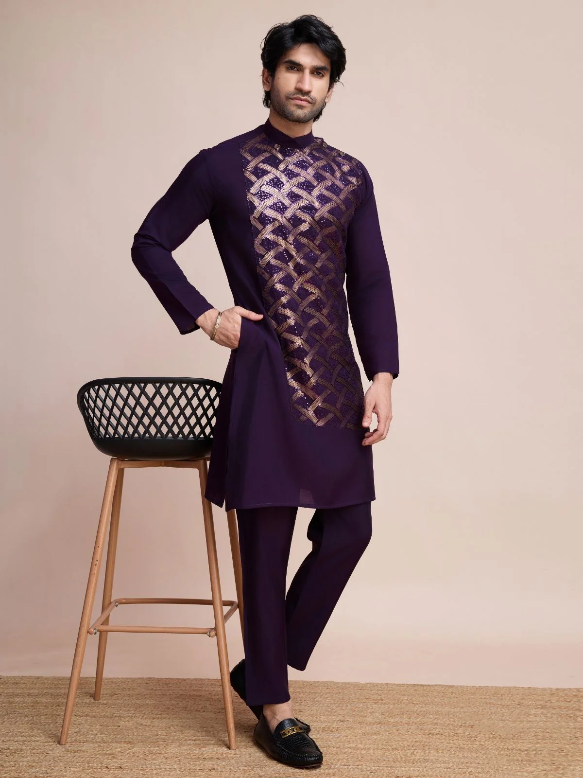 Odette Purple Silk Blend Embellished Stitched Kurta With Pant For Men