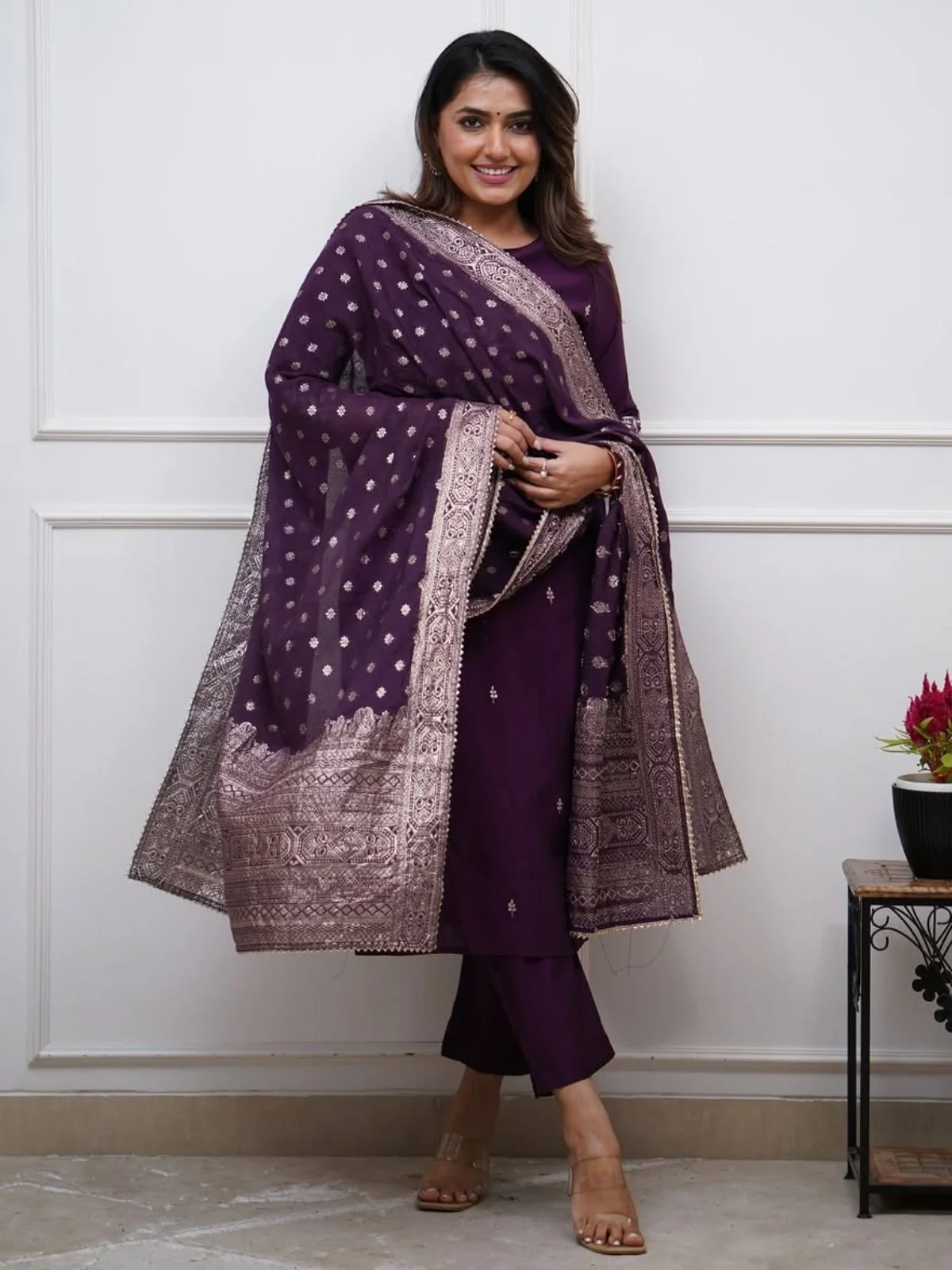 Odette Purple Silk Blend Embriodered Stitched Kurta Set For Women - Image 2
