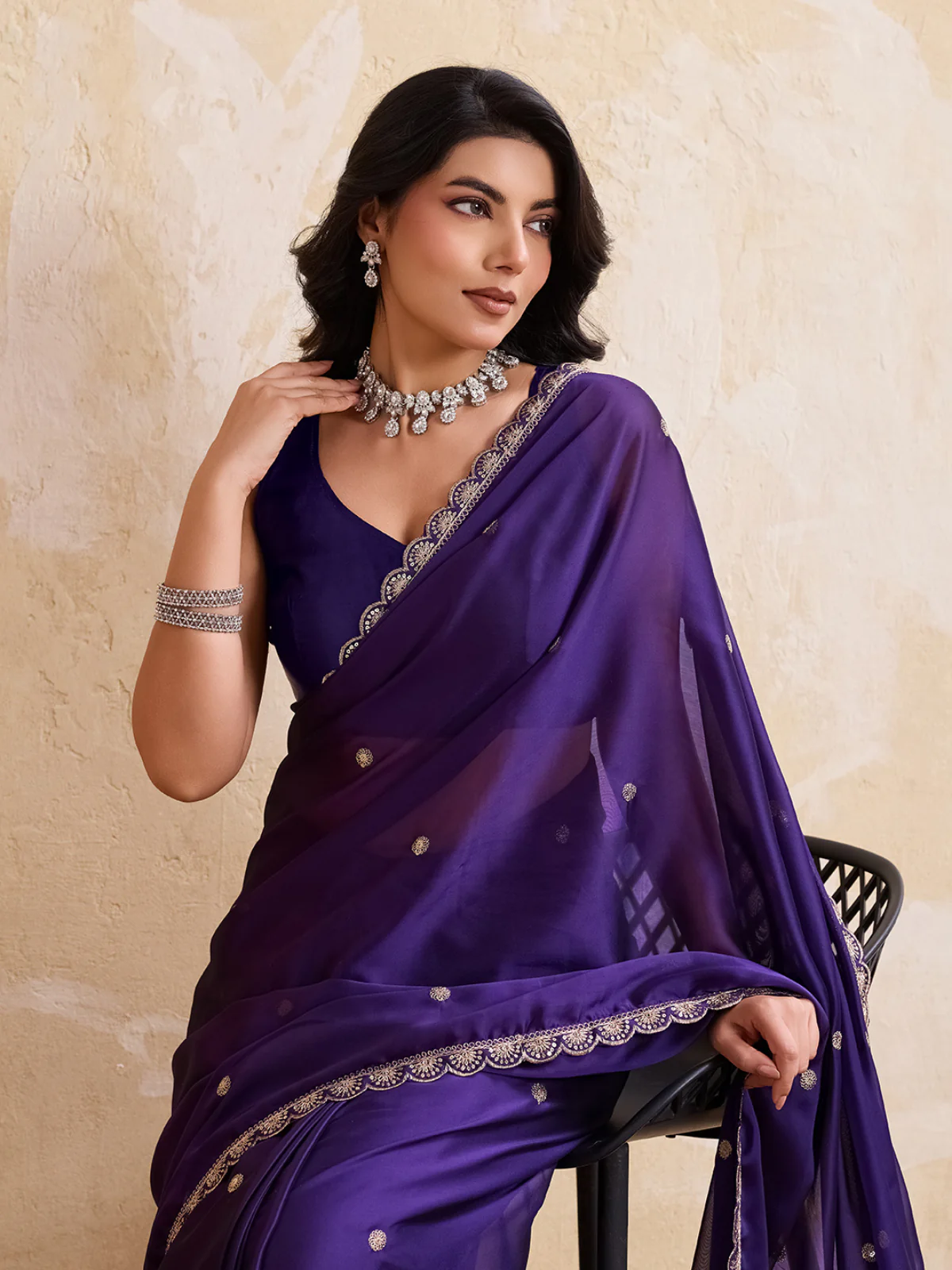 Odette Purple Silk Blend Embroidered Saree For Women - Image 4