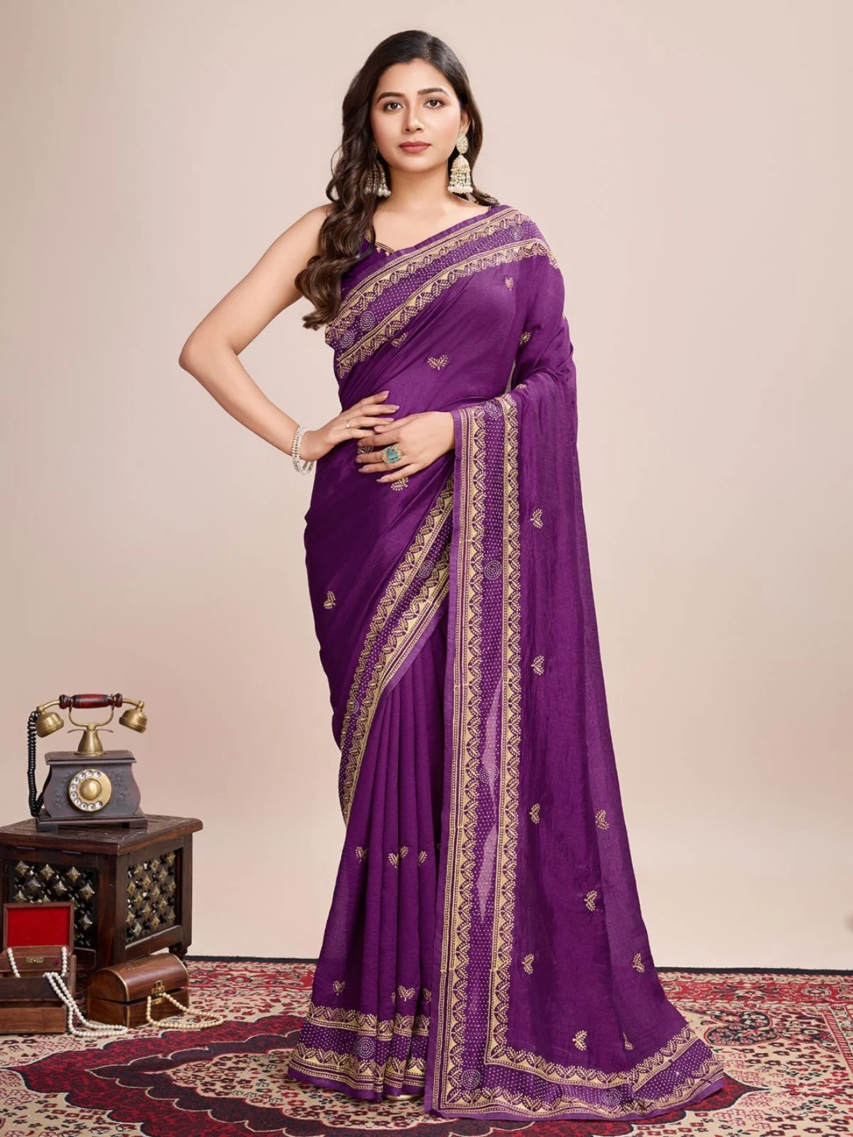 Odette Purple Silk Blend Embroidered Saree With Unstitched Blouse For Women
