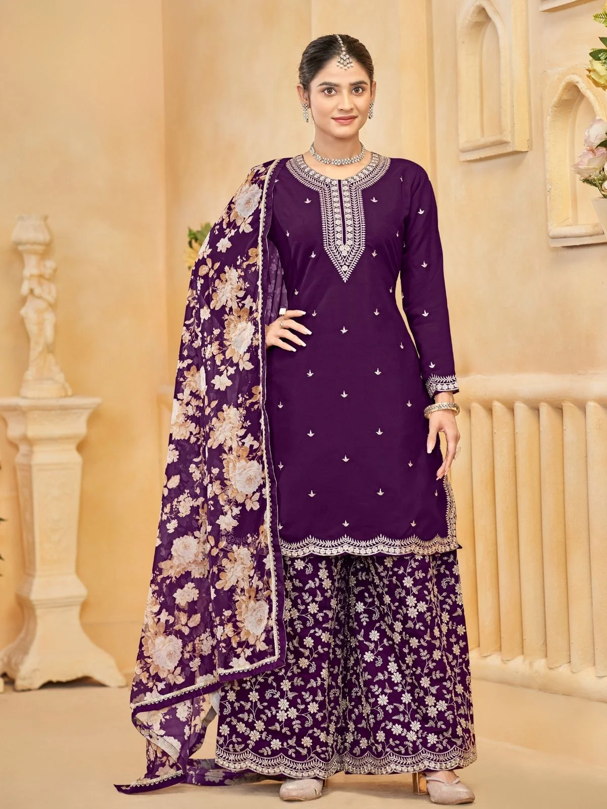 Odette Purple Silk Blend Embroidered Semi-Stiched Kurta Set For Women