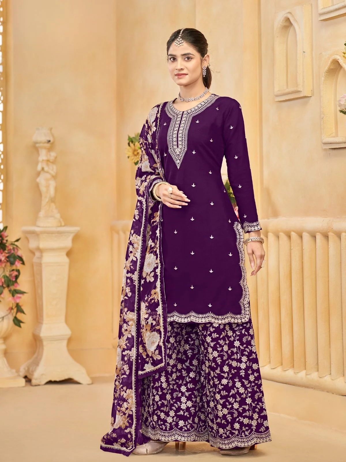 Odette Purple Silk Blend Embroidered Semi-Stiched Kurta Set For Women - Image 2