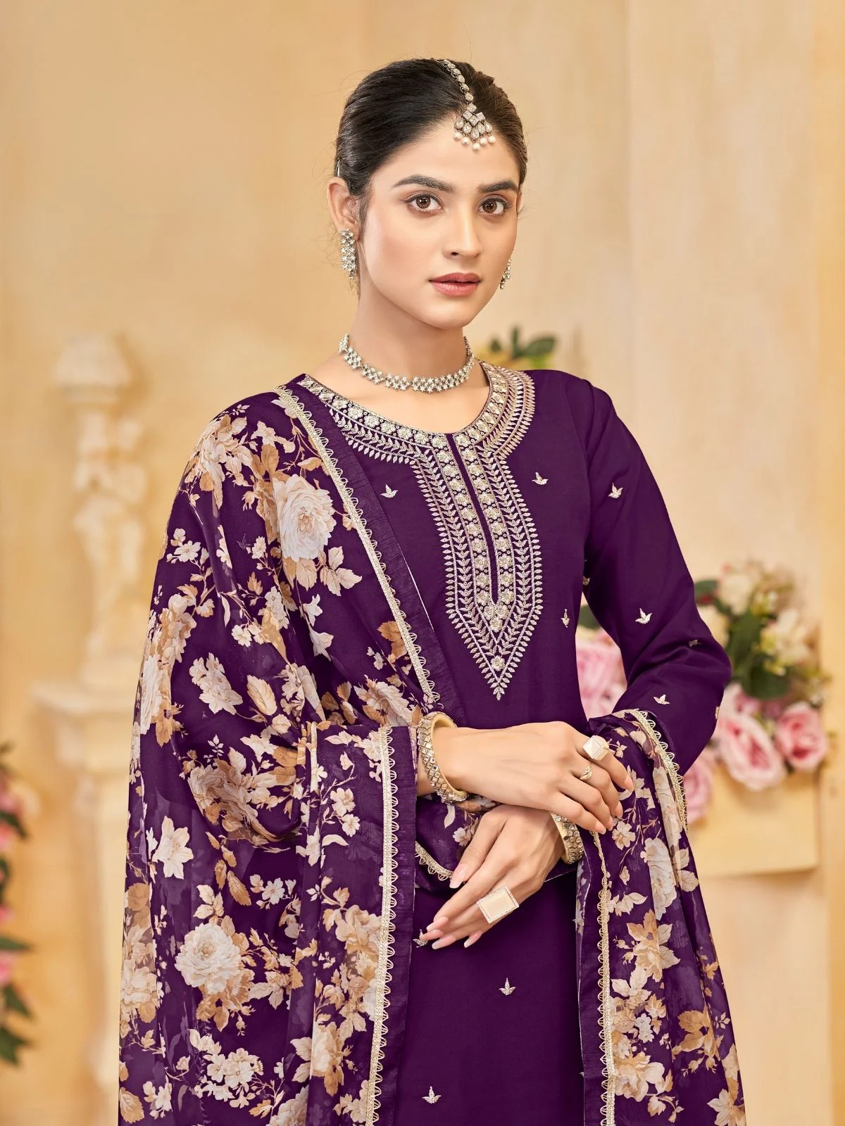 Odette Purple Silk Blend Embroidered Semi-Stiched Kurta Set For Women - Image 4