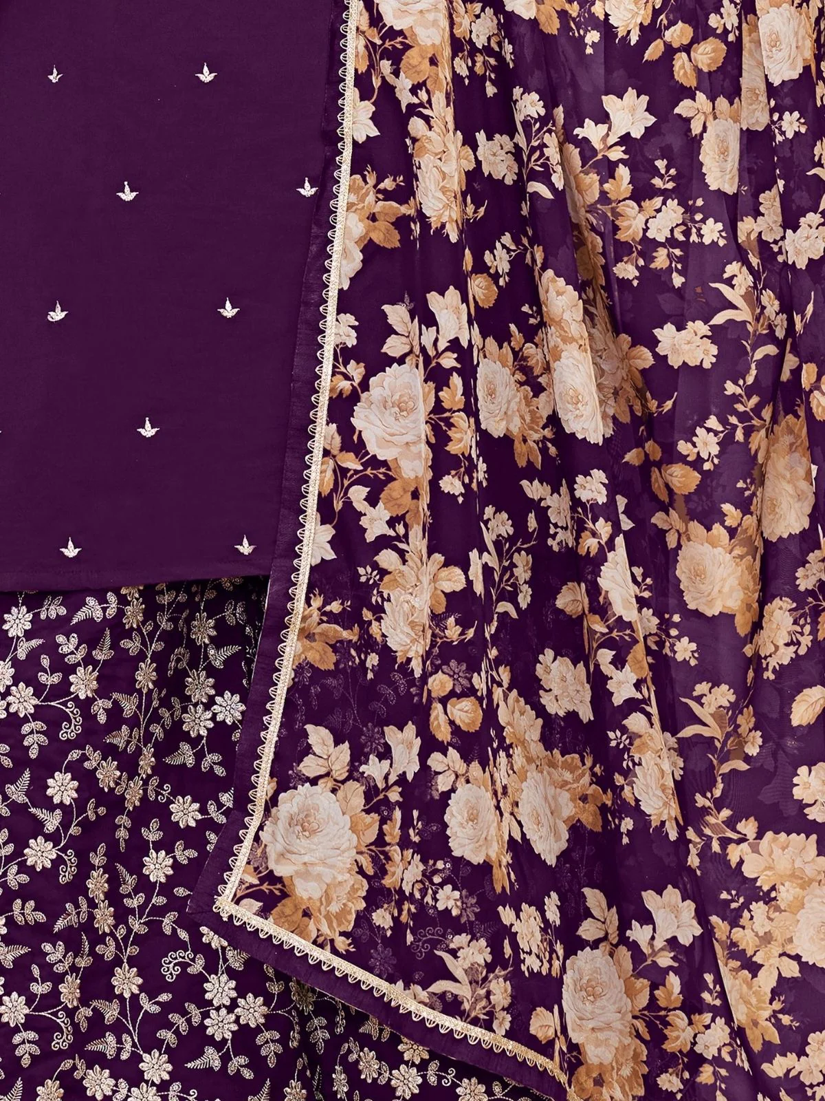 Odette Purple Silk Blend Embroidered Semi-Stiched Kurta Set For Women - Image 5