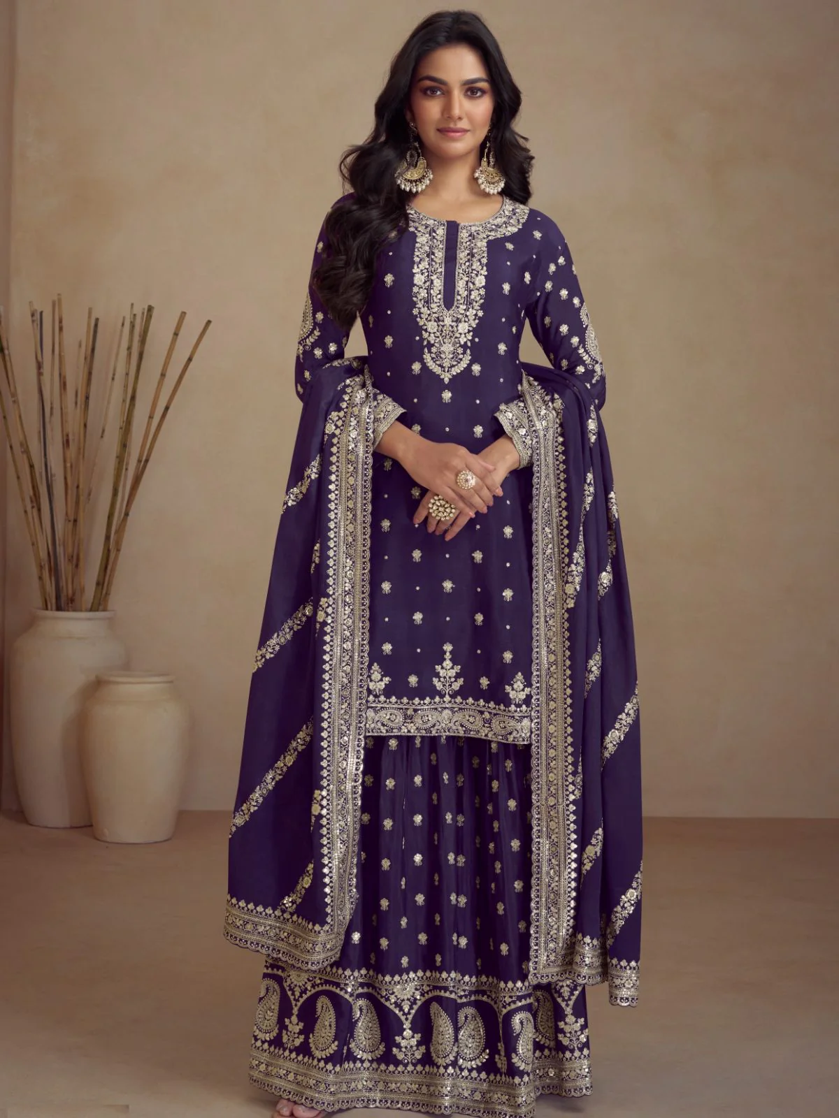 Odette Purple Silk Blend Embroidered Semi-Stitched Kurta Set For Women