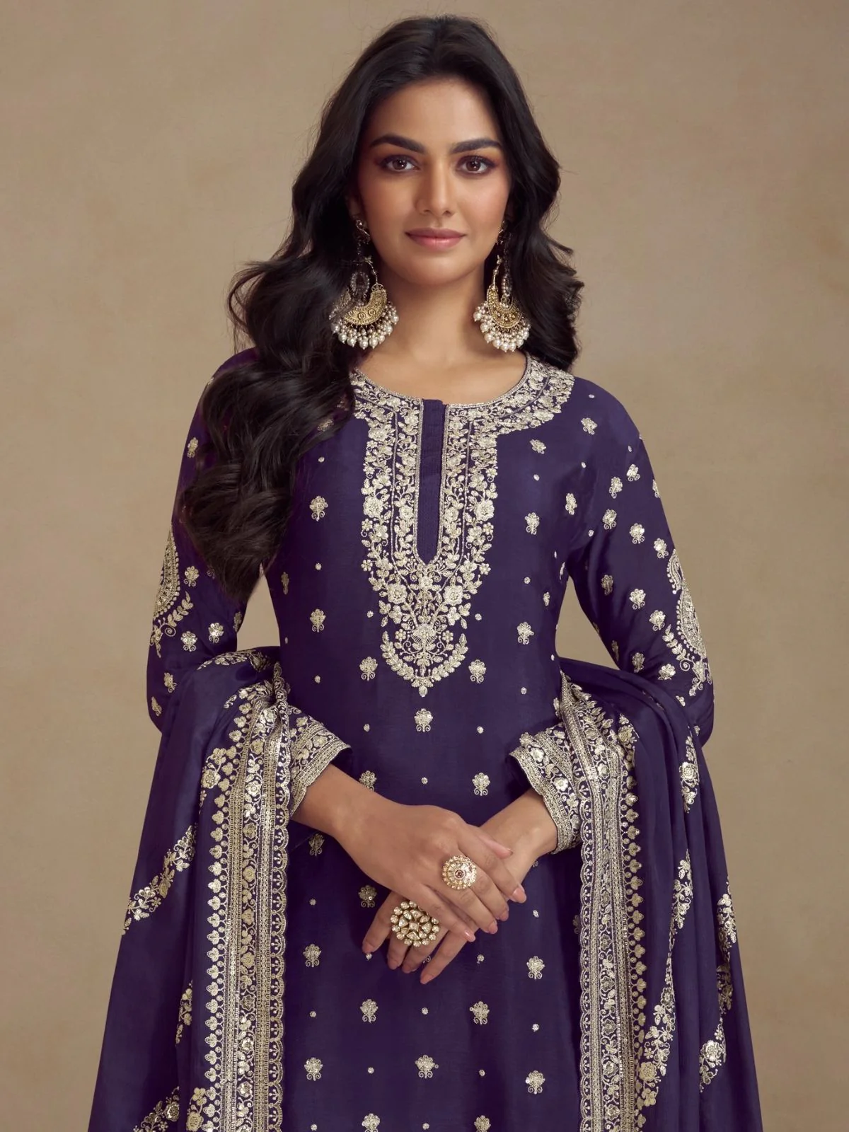 Odette Purple Silk Blend Embroidered Semi-Stitched Kurta Set For Women - Image 2