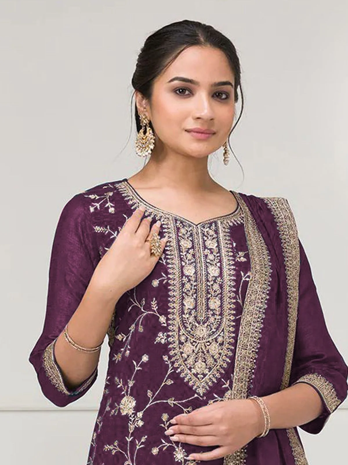 Odette Purple Silk Blend Embroidered Semi-Stitched Kurta Set For Women - Image 3
