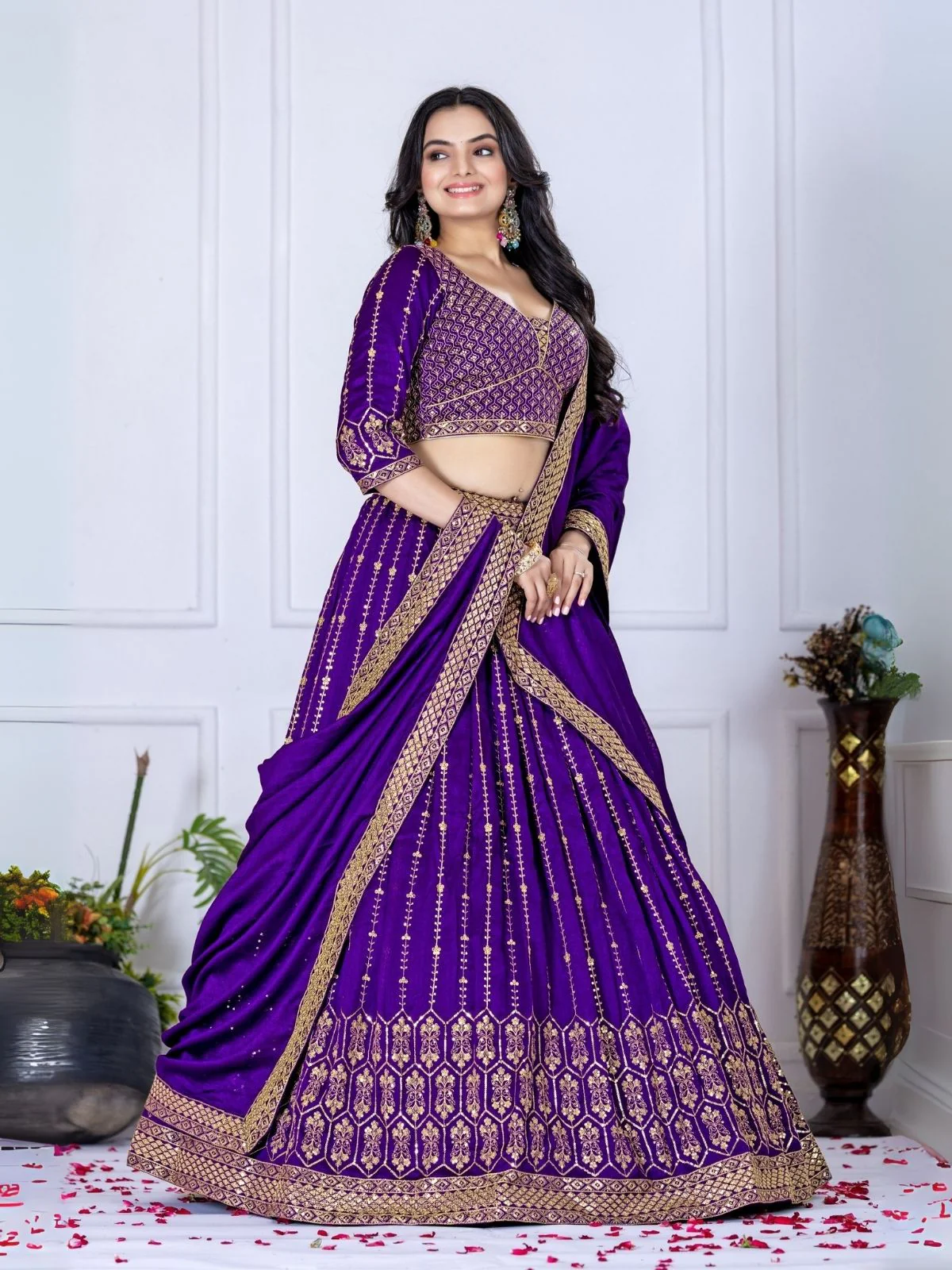 Odette Purple Silk Blend Embroidered Semi-Stitched lehenga For Women