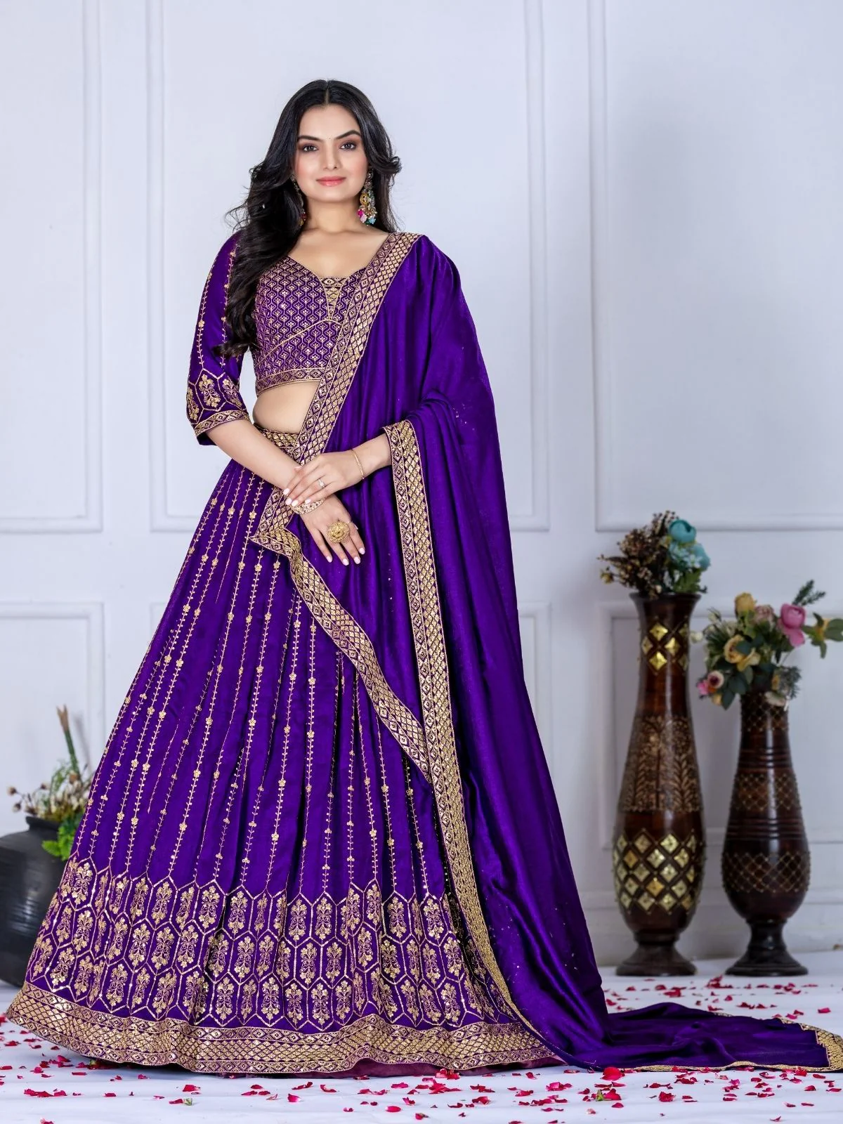 Odette Purple Silk Blend Embroidered Semi-Stitched lehenga For Women - Image 2
