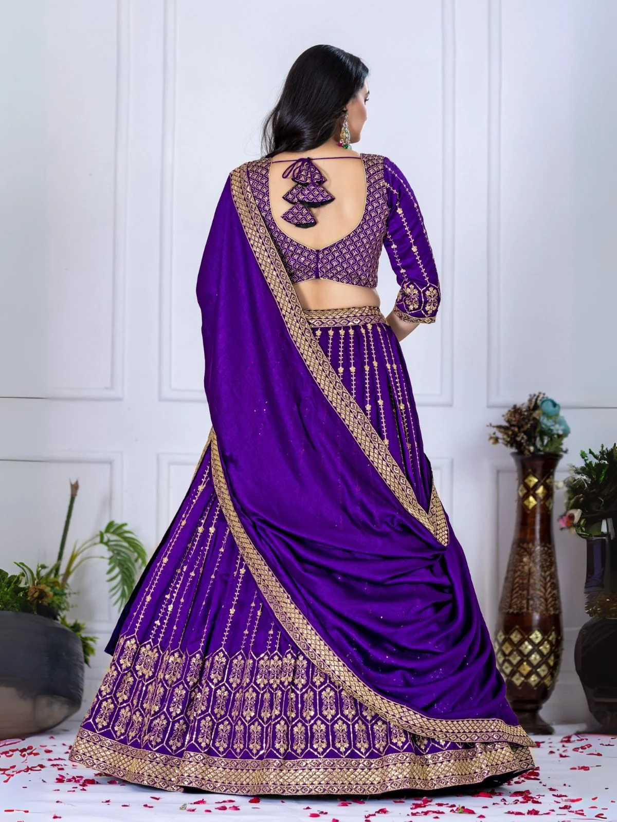 Odette Purple Silk Blend Embroidered Semi-Stitched lehenga For Women - Image 3
