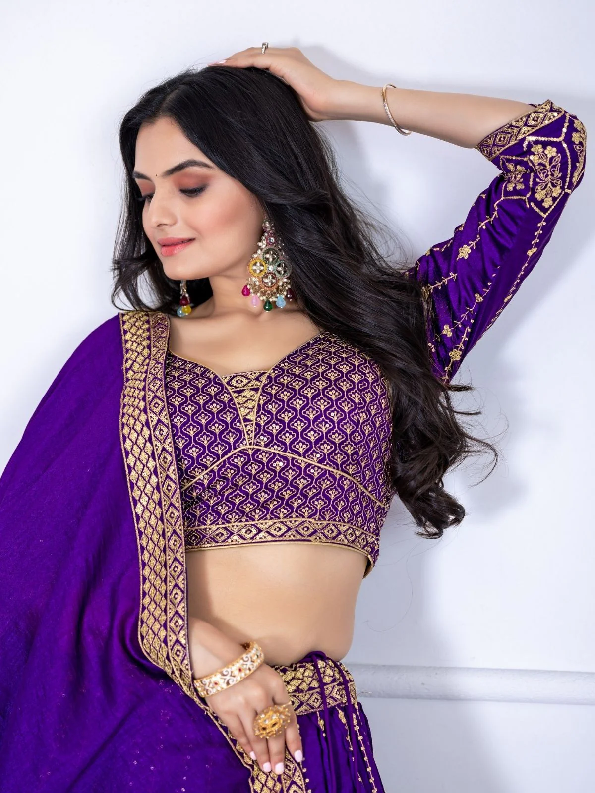 Odette Purple Silk Blend Embroidered Semi-Stitched lehenga For Women - Image 4