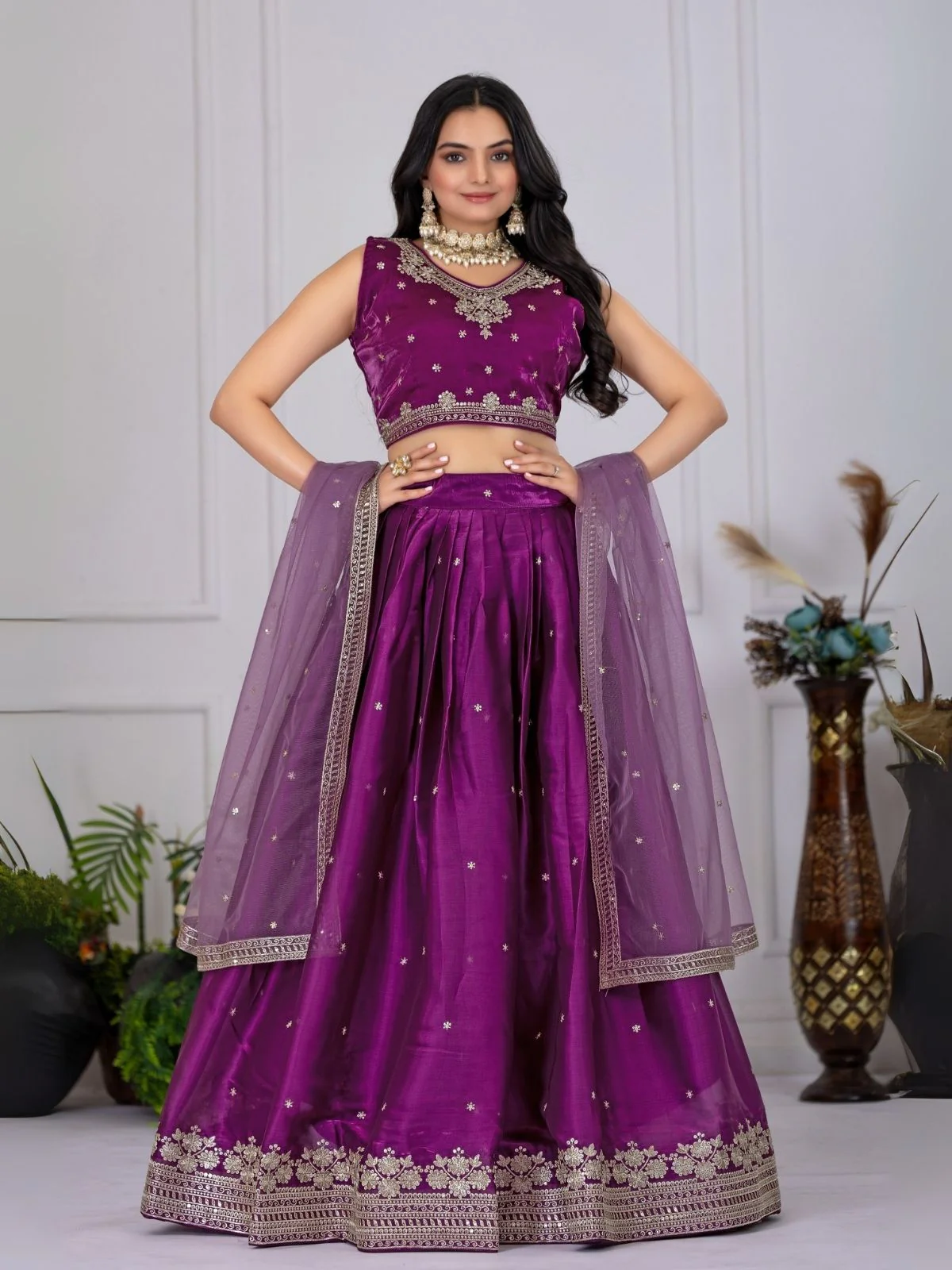 Odette Purple Silk Blend Embroidered Semi-Stitched lehenga For Women