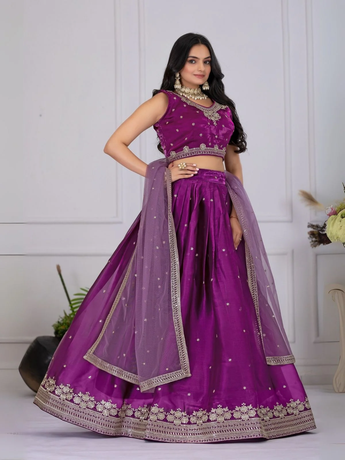 Odette Purple Silk Blend Embroidered Semi-Stitched lehenga For Women - Image 2