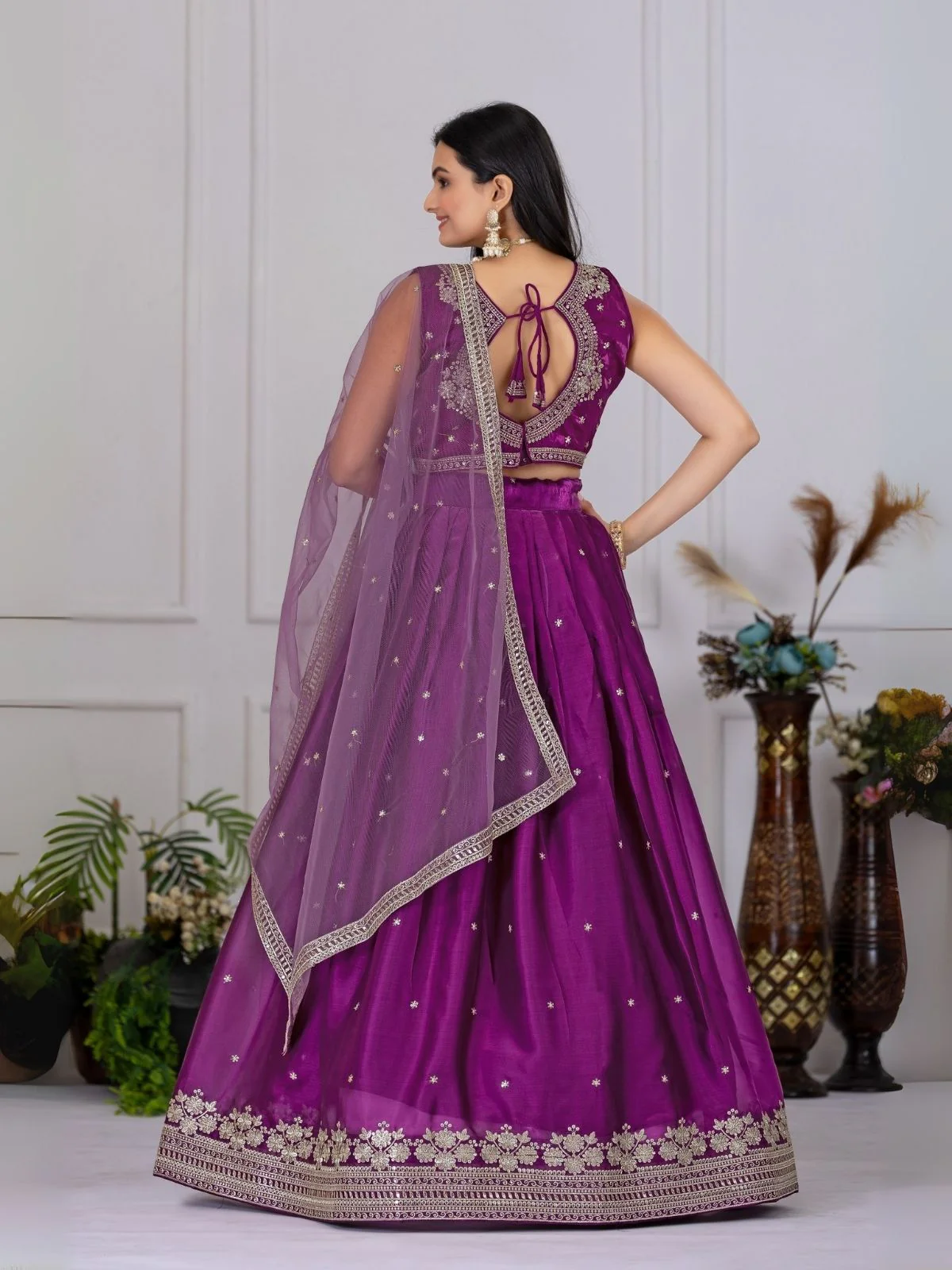 Odette Purple Silk Blend Embroidered Semi-Stitched lehenga For Women - Image 3