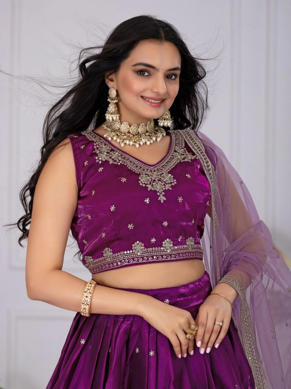 Odette Purple Silk Blend Embroidered Semi-Stitched lehenga For Women - Image 4