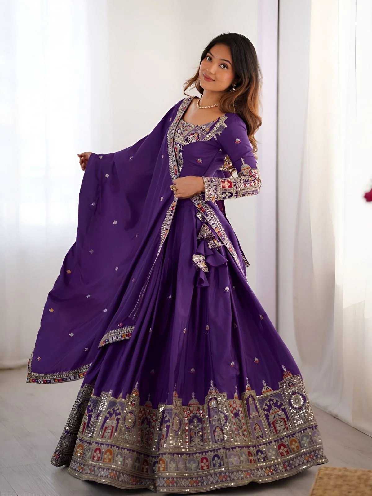 Odette Purple Silk Blend Embroidered Semi-Stitched lehenga For Women