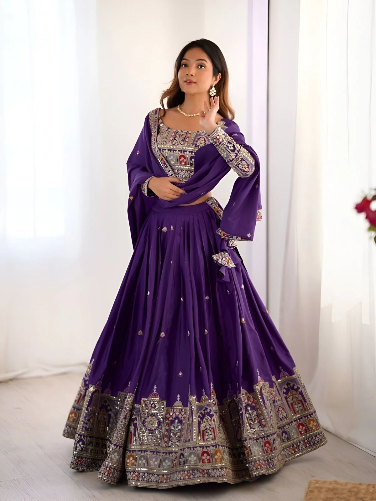 Odette Purple Silk Blend Embroidered Semi-Stitched lehenga For Women - Image 3