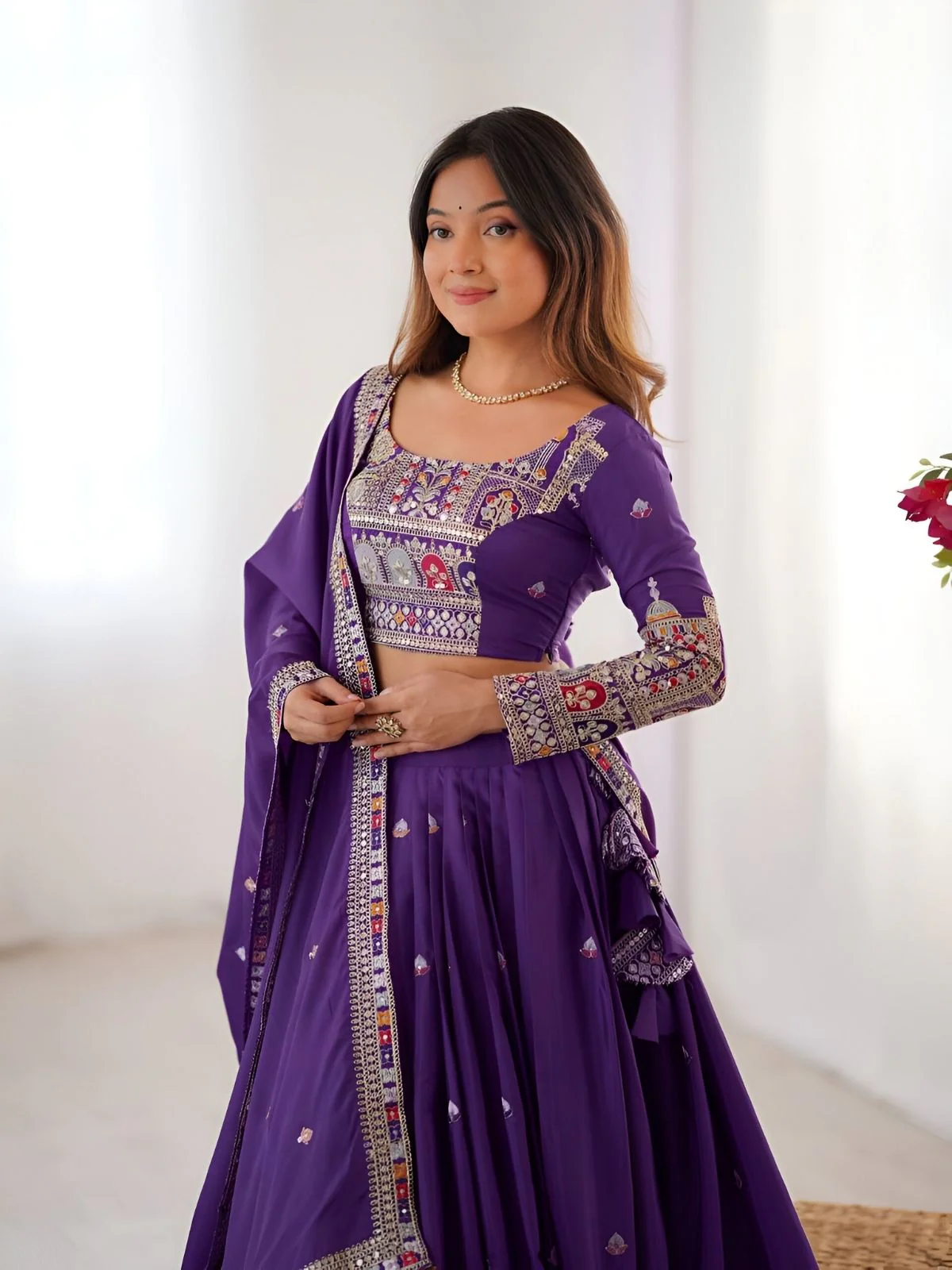 Odette Purple Silk Blend Embroidered Semi-Stitched lehenga For Women - Image 4