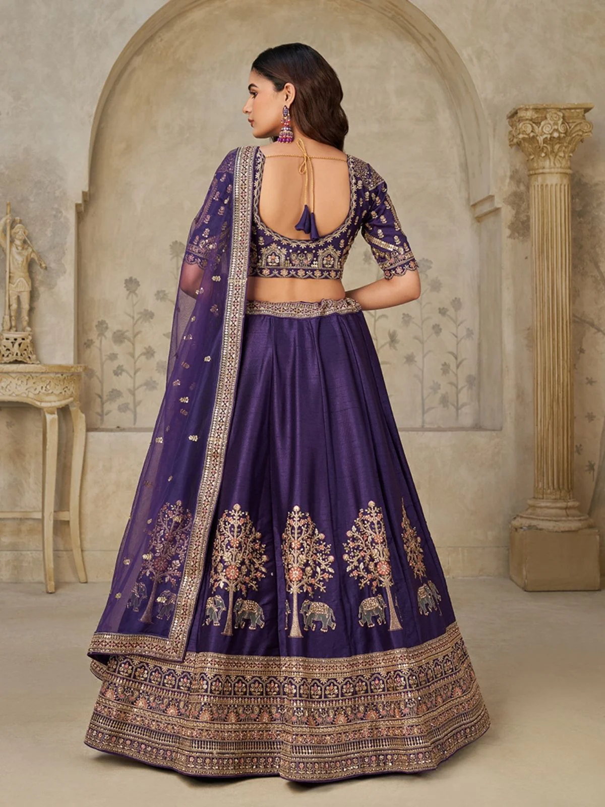 Odette Purple Silk Blend Embroidered Semi-Stitched Lehenga For Women - Image 2