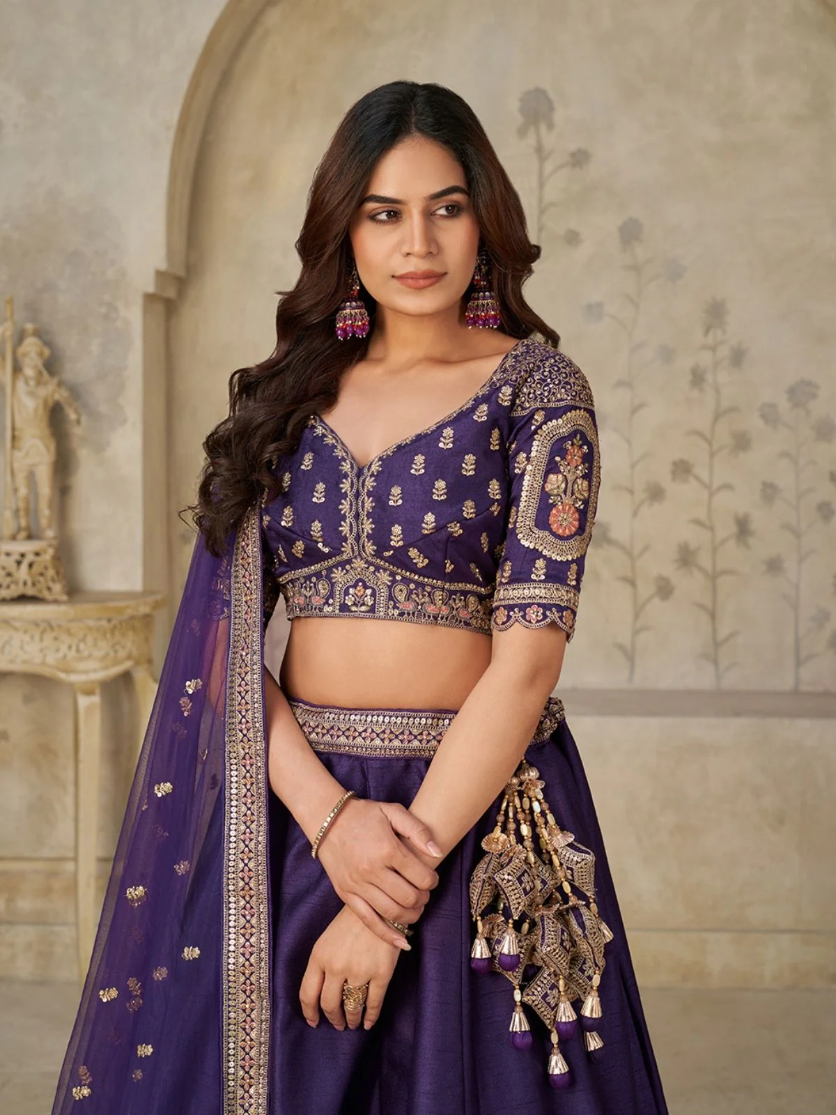 Odette Purple Silk Blend Embroidered Semi-Stitched Lehenga For Women - Image 3